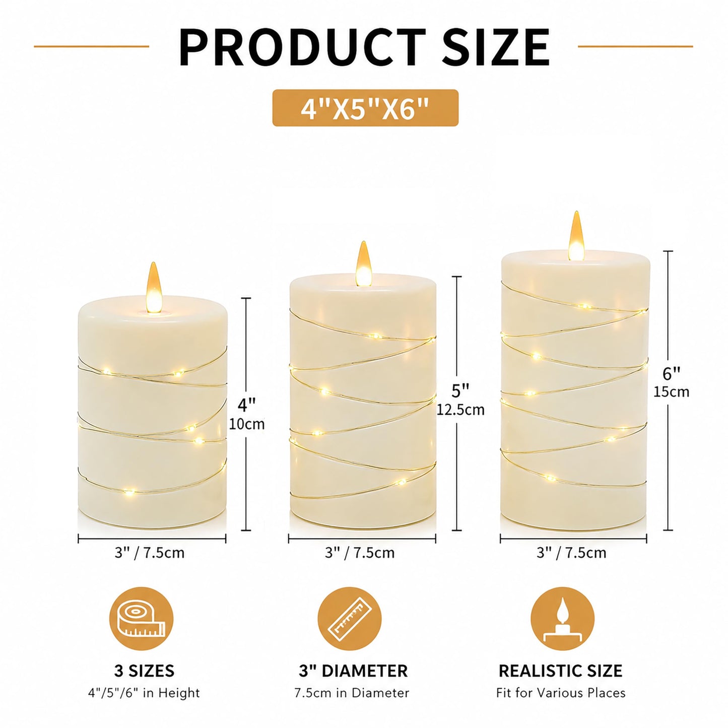 Flickering flameless candles, battery-powered, with string lights, remote control and timer functions, LED pillar candles (3-piece set) in ivory, suitable for home, party, and other decorations