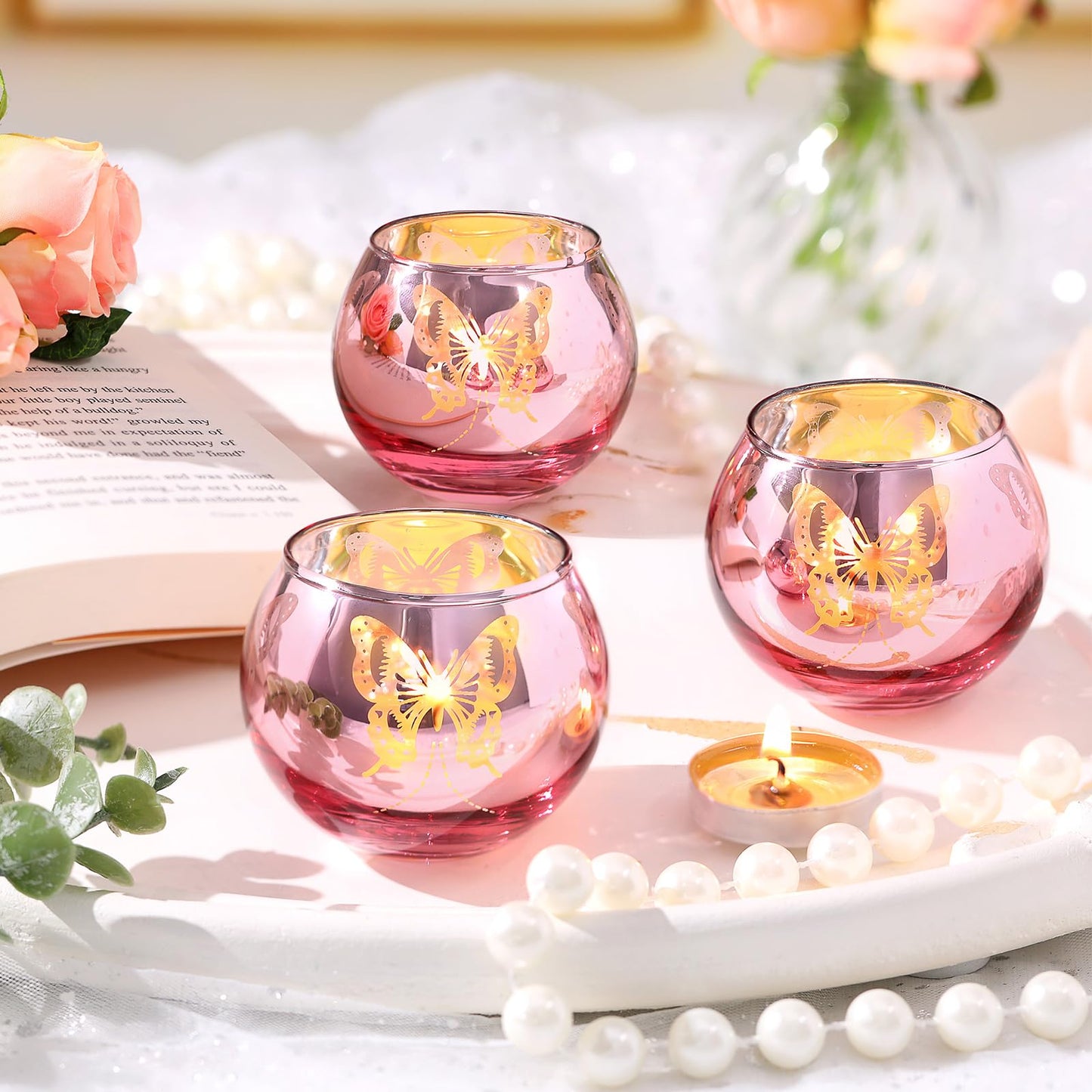 12 Pcs Pink Votive Candle Holders Set Tea Lights Candle Holder Bulk Butterfly Candle Holders Butterfly centerpieces for Tables Wedding Birthday Anniversary Parties Holiday Decorations