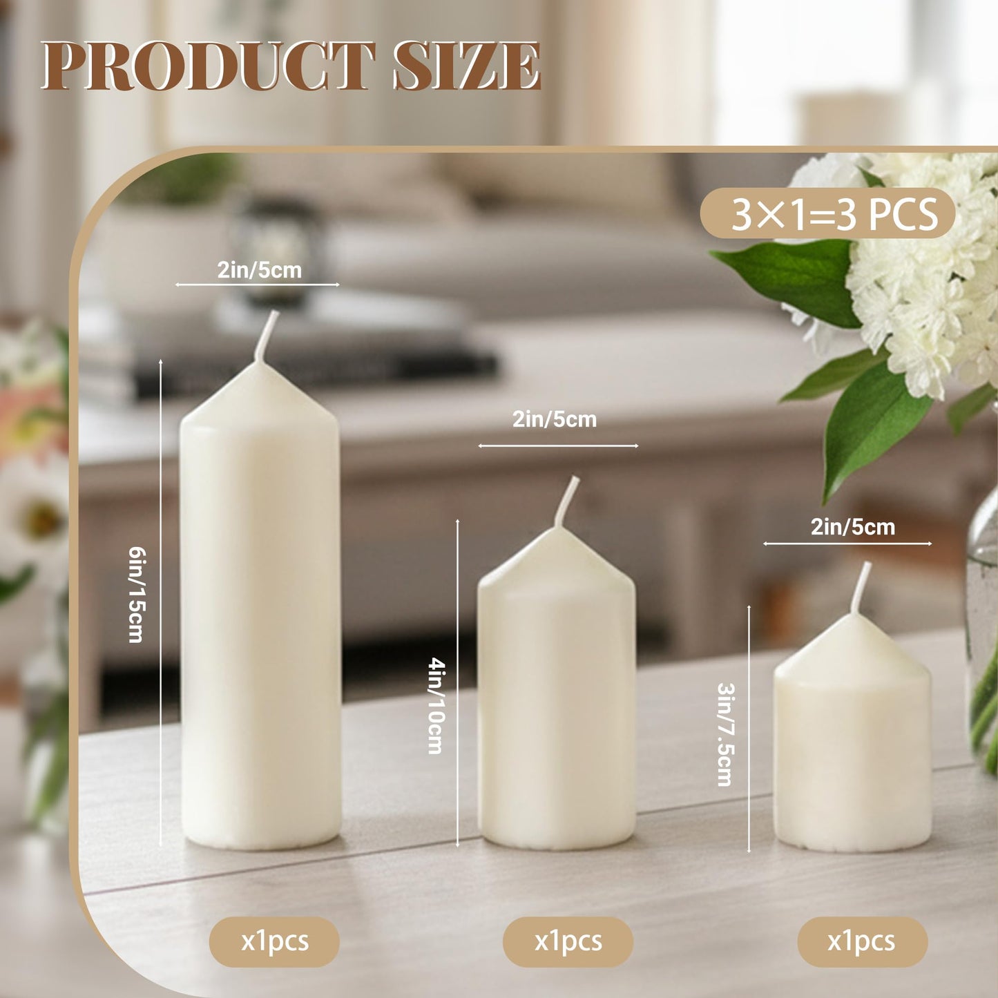 HTTBEIZI Pillar Candles Bulk Set - Unscented, Smokeless, Dripless | 3 Sizes (1 Each): 2x3, 2x4, 2x6 Inches | Ideal for Weddings, Christmas & Home Decor (3, Ivory White)