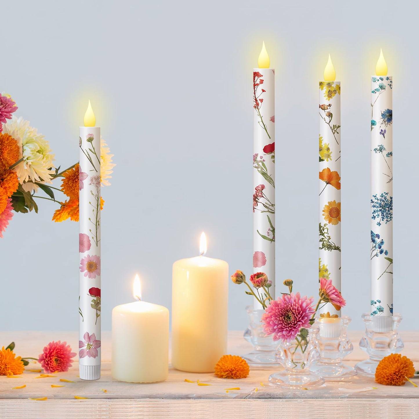 Nuanchu 6 Pcs Flower Flameless Candles 10. 6 '' LED Pressed Floral Pastel Taper Candle Battery Operated Flameless Taper Candlestick Dried Flower Candlestick for Home Wedding Summer Garden Party Decor