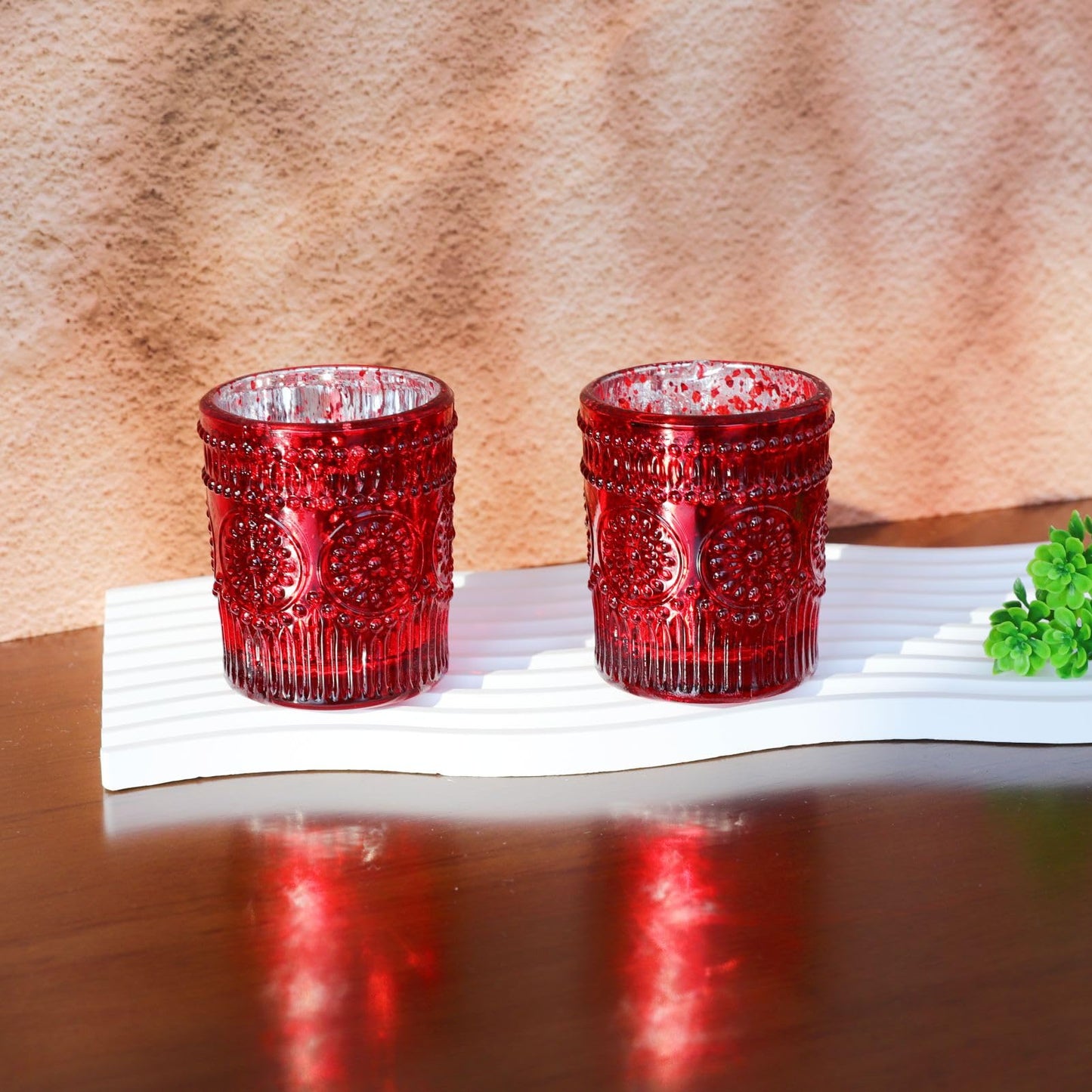 VOHO Red Mercury Glass Candle Holder Set of 12, Boho Sunflower Red Votive Candle Holders for Table Centerpiece, Festive Tealight Candle Holder for Christmas, Thanksgiving, Valentines Day Decorations