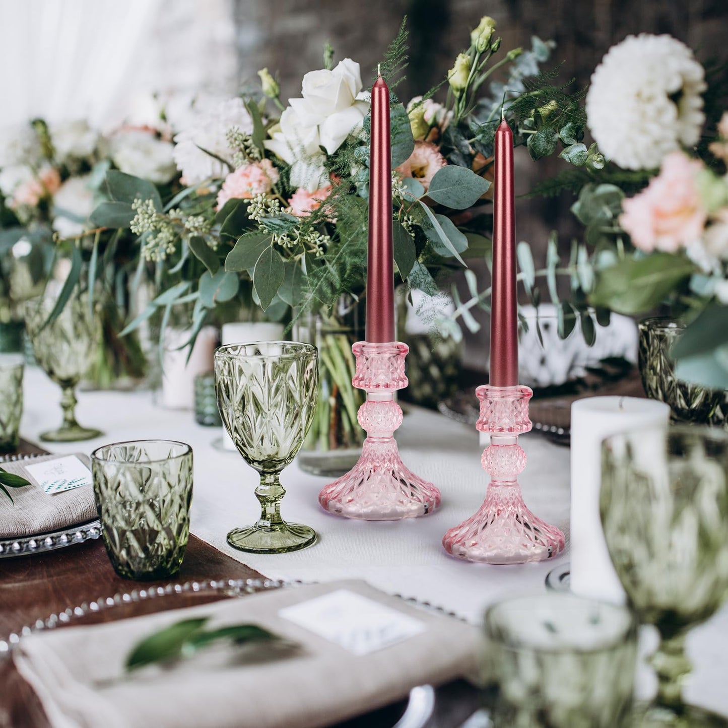 Glass Candle Holder, 2PCS Decorative Candle Sticks Pillar Candle Stand for Formal Events Wedding Party Table Centerpieces Home Decoration, Pink