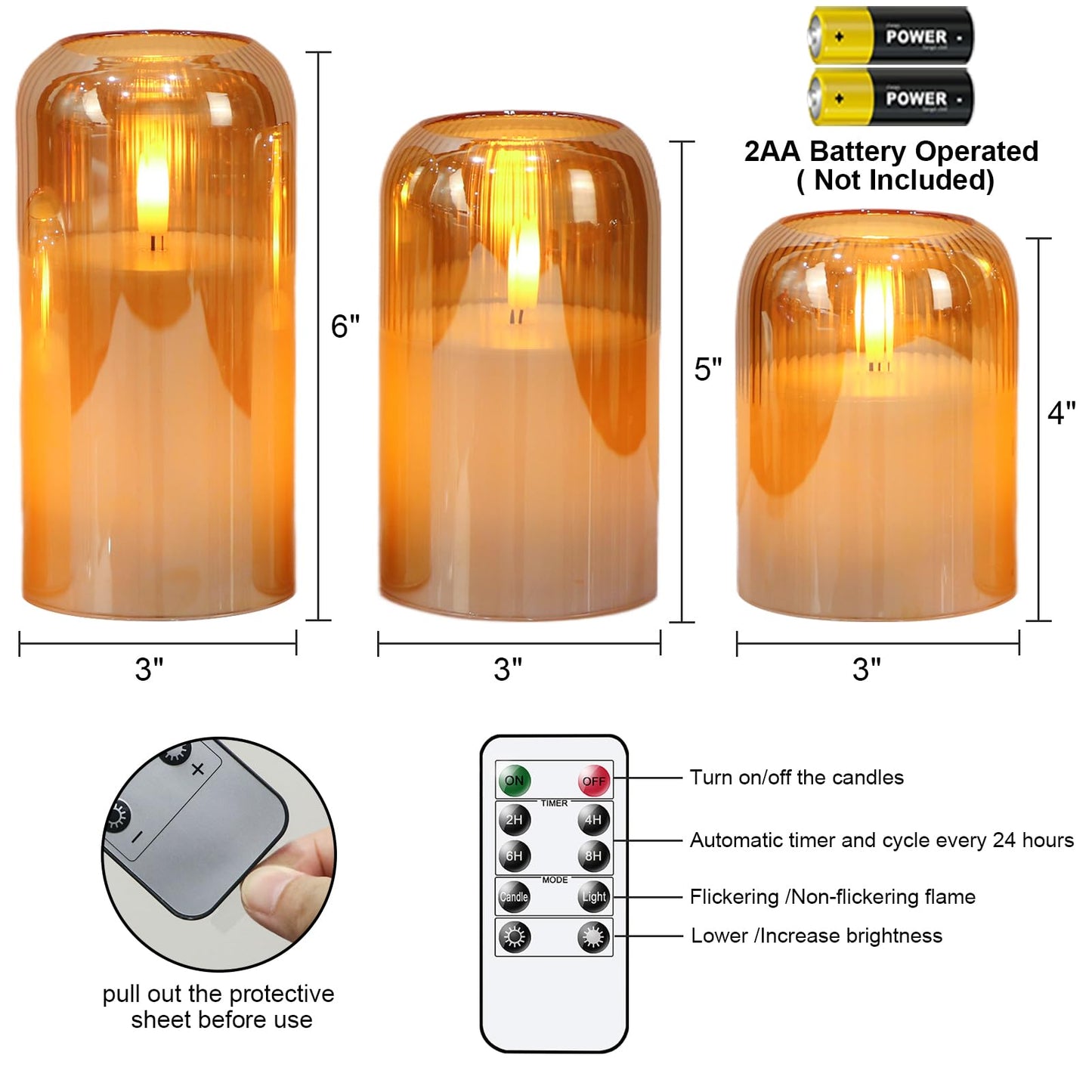 DRomance Glass Flameless Candles with Remote and Timer Battery Operated 3 Pack Real Wax Striped Gold LED Flickering Pillar Candles Dinner Wedding Halloween Christmas Holiday Decor(3" D x 4",5",6" H)