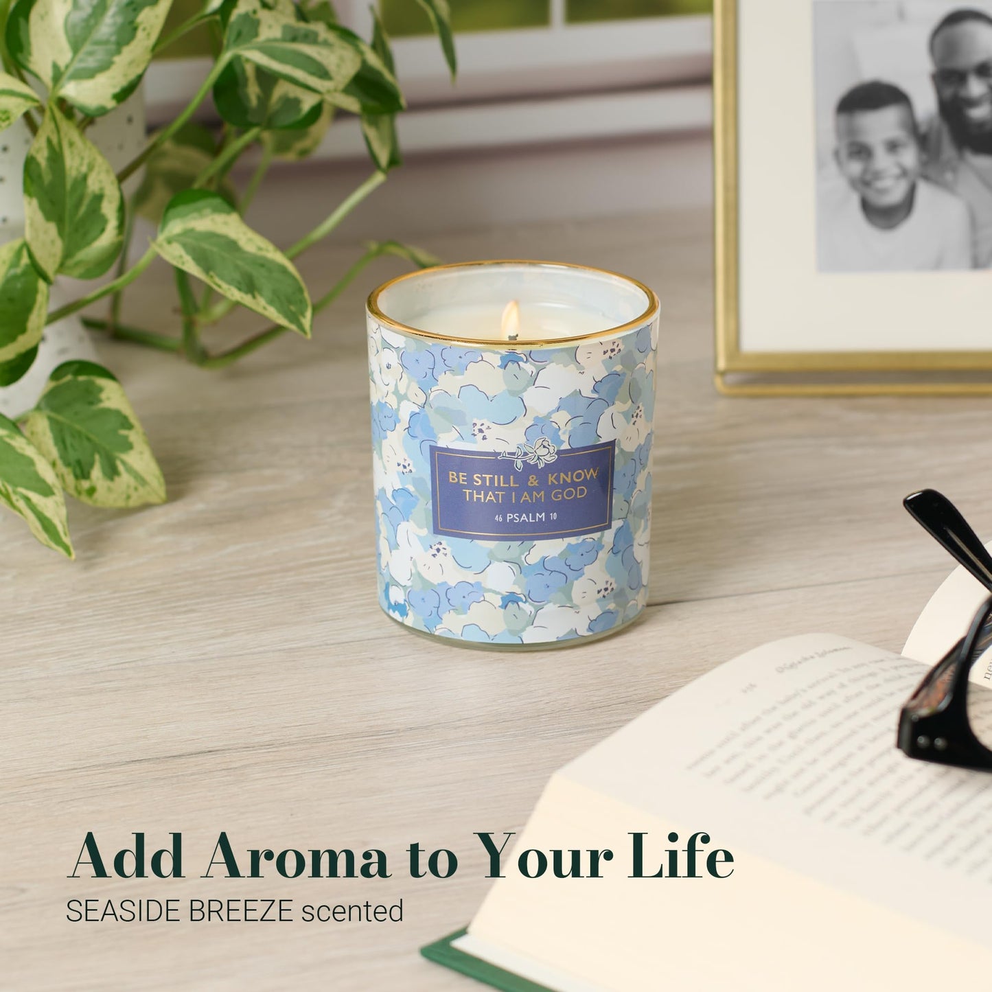 Christian Art Gifts Be Still & Know Bible Scented Candle: Soy Wax, Pure Essential Oils, Seaside Breeze Scent, Bible Verse, Floral Design Glass Jar, Encouragement Gift for Women, 40 Hours Burn Time