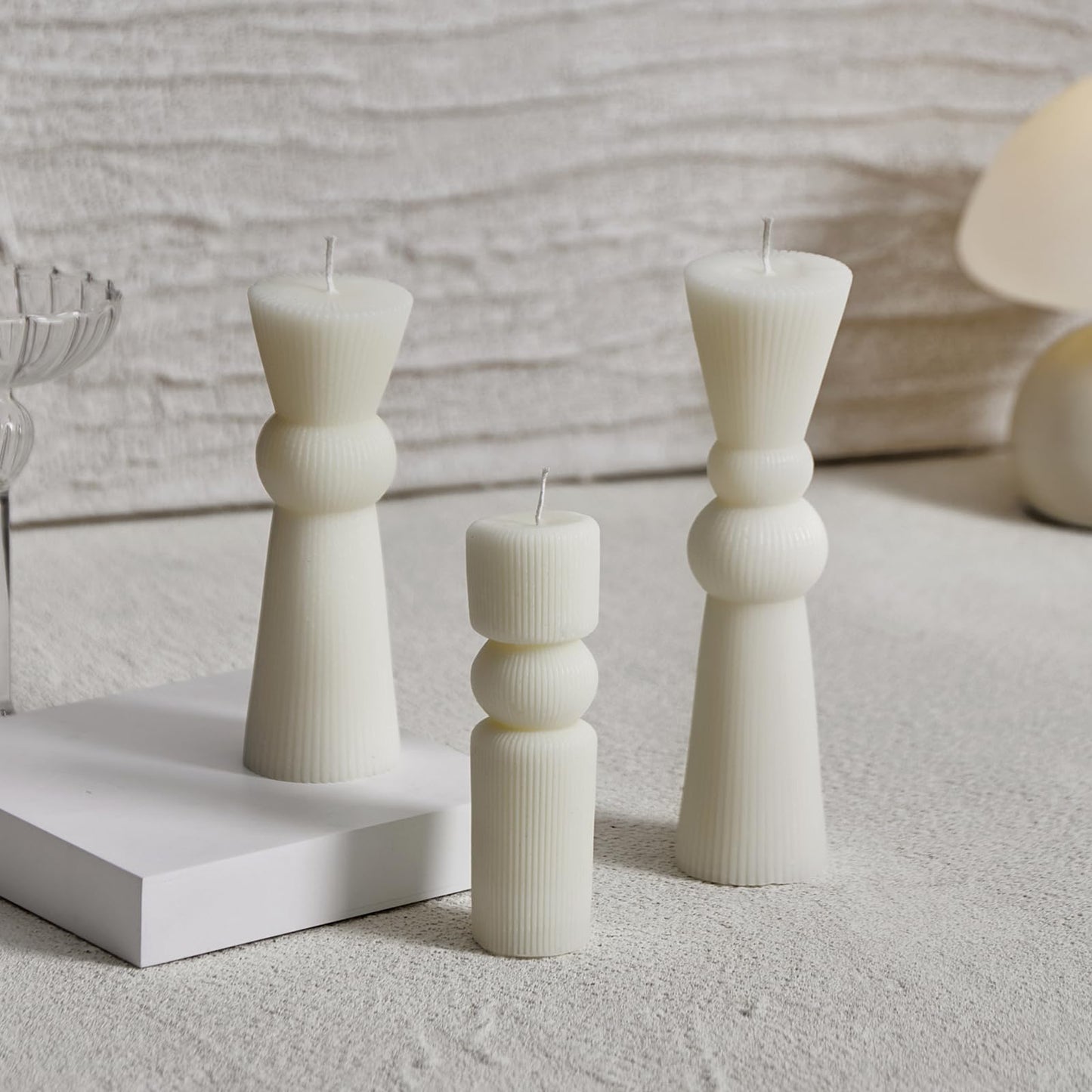 NATCENSE 3Pcs Pillar Candles Set - Handmade Ribbed Design for Modern Home Decor, Housewarming Gift, Room & Shelf Aesthetic Decoration, Long-Lasting Burning (White)