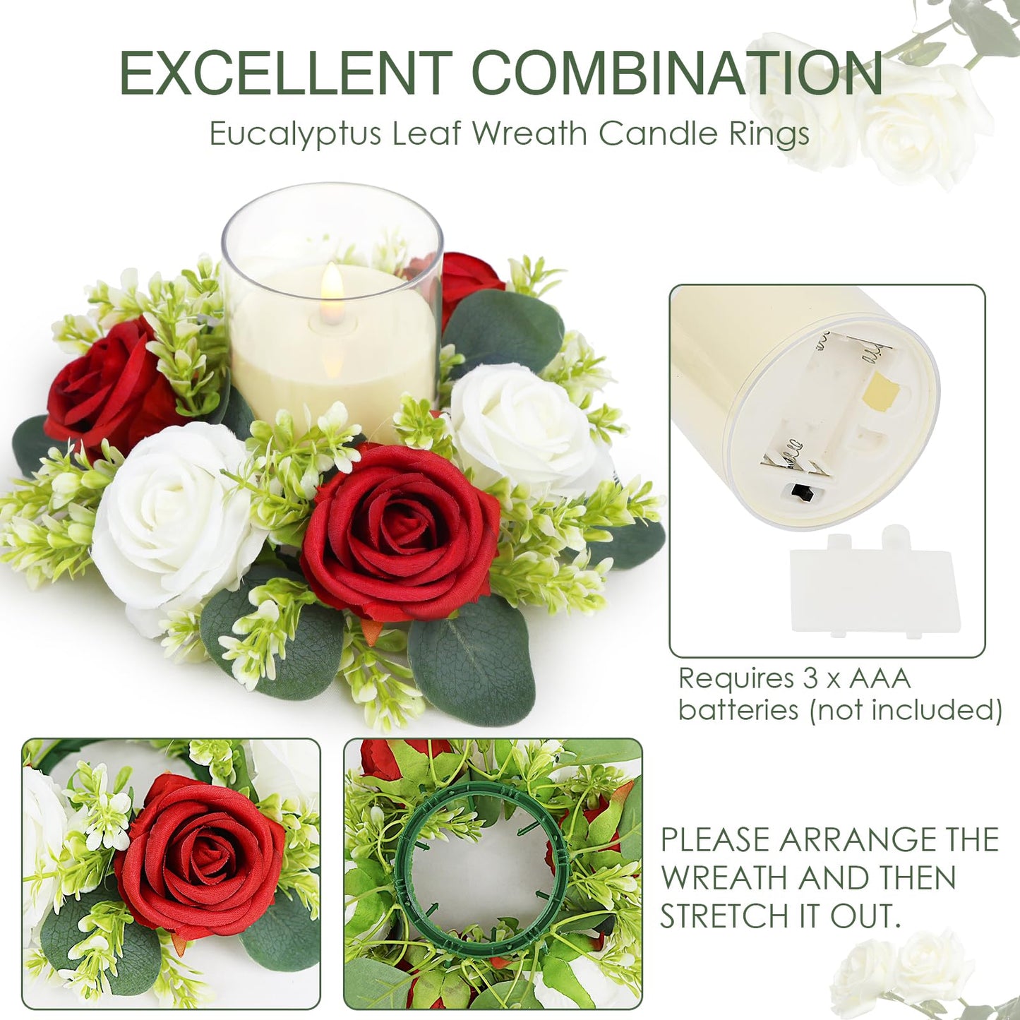 Acmee Crimson Rose Candle Rings with Flameless Candles Sets - 12PCS Artificial Flower Eucalyptus Wedding Centerpiece 3 Inch Pillar Candleholders Wreaths for Wedding Party Decor (Crimson - 6 Sets)