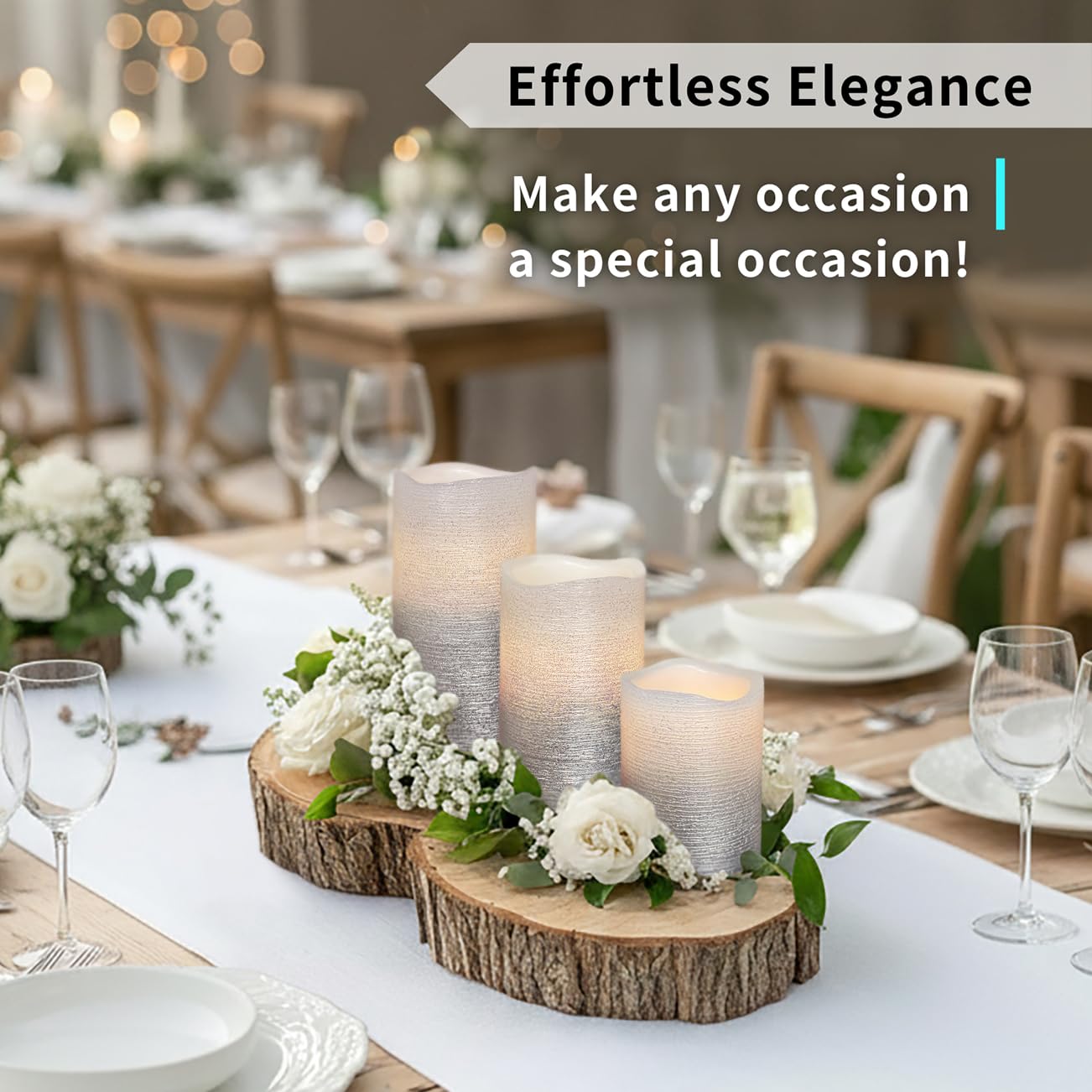 FURORA LIGHTING Silver Glitter Flameless Pillar Candles - Real Wax, 5/19 Auto Timer, Set of 3 (3x4, 3x5, 3x6), Batteries Included, Home Decor