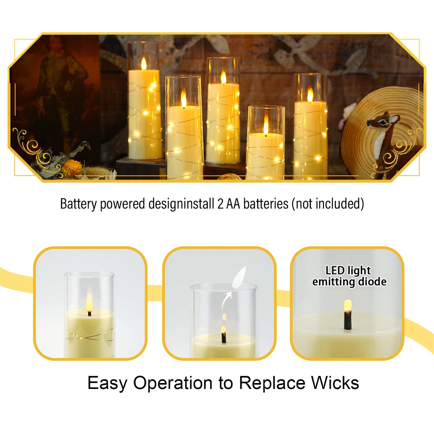 Eebuss Flameless Candles with Embedded Star String, Battery Operated LED Pillar Candles with Timer and Remote Control,Home Decorating for Ambiance， Set of 7(Ivory)