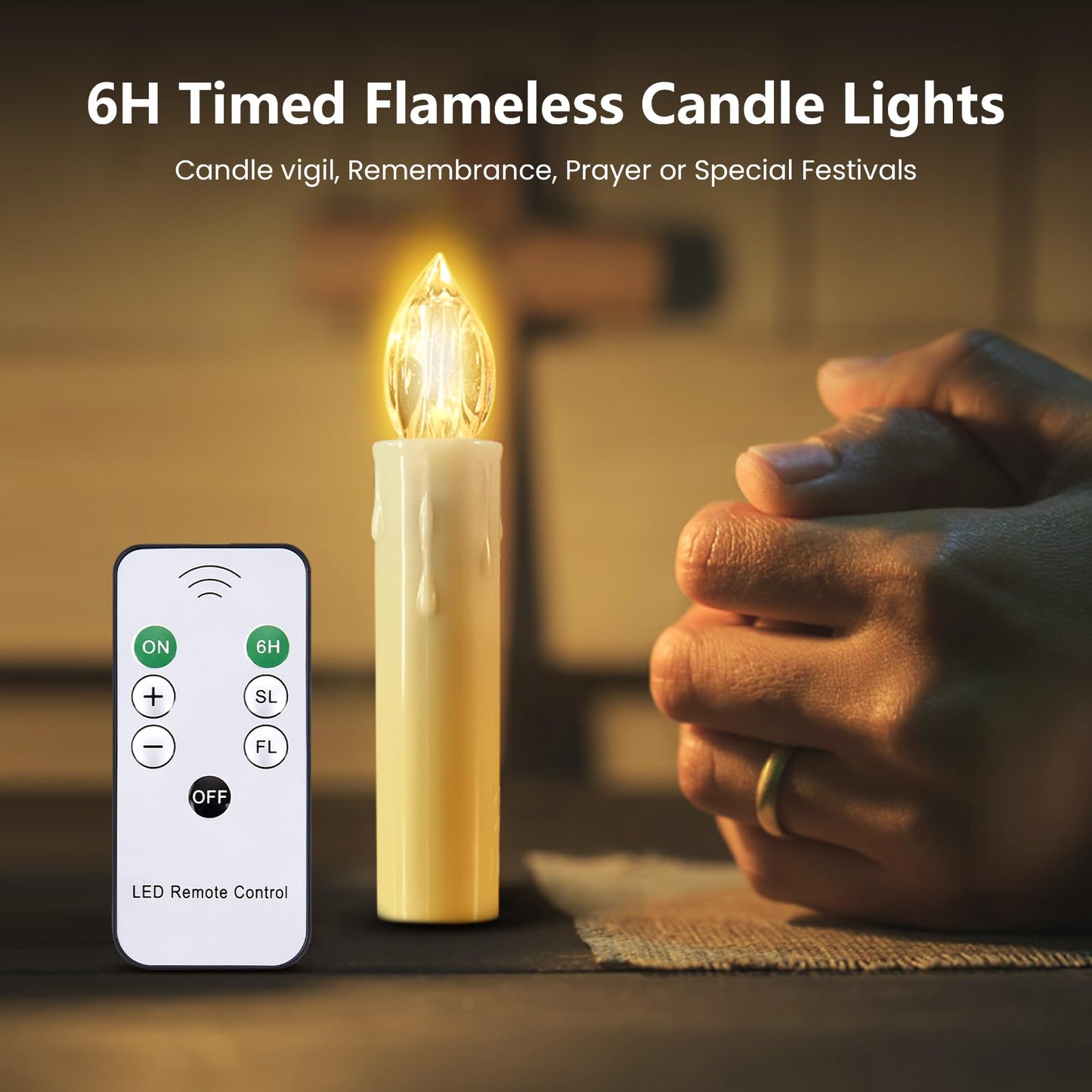 JOSU Flameless Christmas Trees Candles, 12Pcs Led Flickering Lights Battery Operated Candlesticks with Remote Timer/Clips, Warm White Window Taper Candles for Home Wedding Halloween Birthday Decor