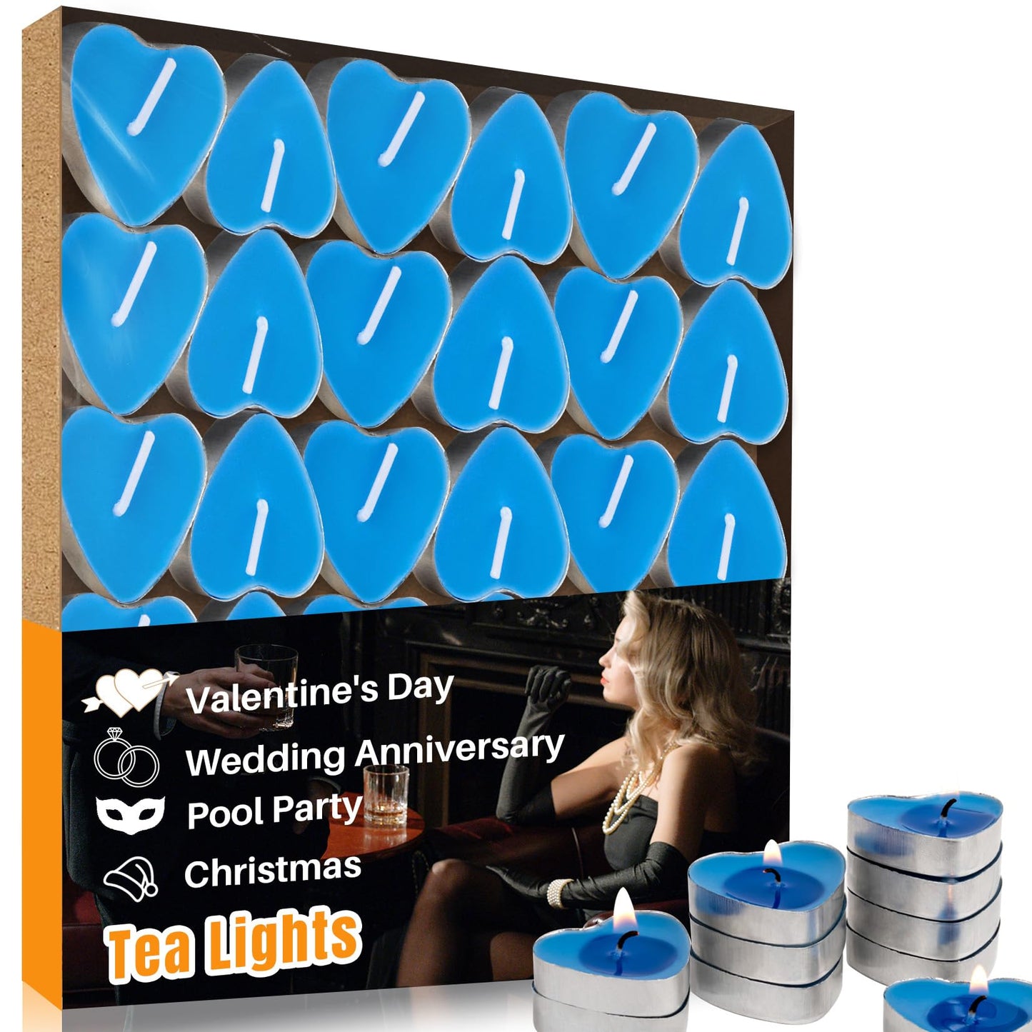 MAQIHAN Tea Lights Candles Set - 30 Pcs Heart Shaped Tealight Candles Smokeless Tea Candle Unscented Soy Candle for Dating, Weddings, Anniversaries(Blue)