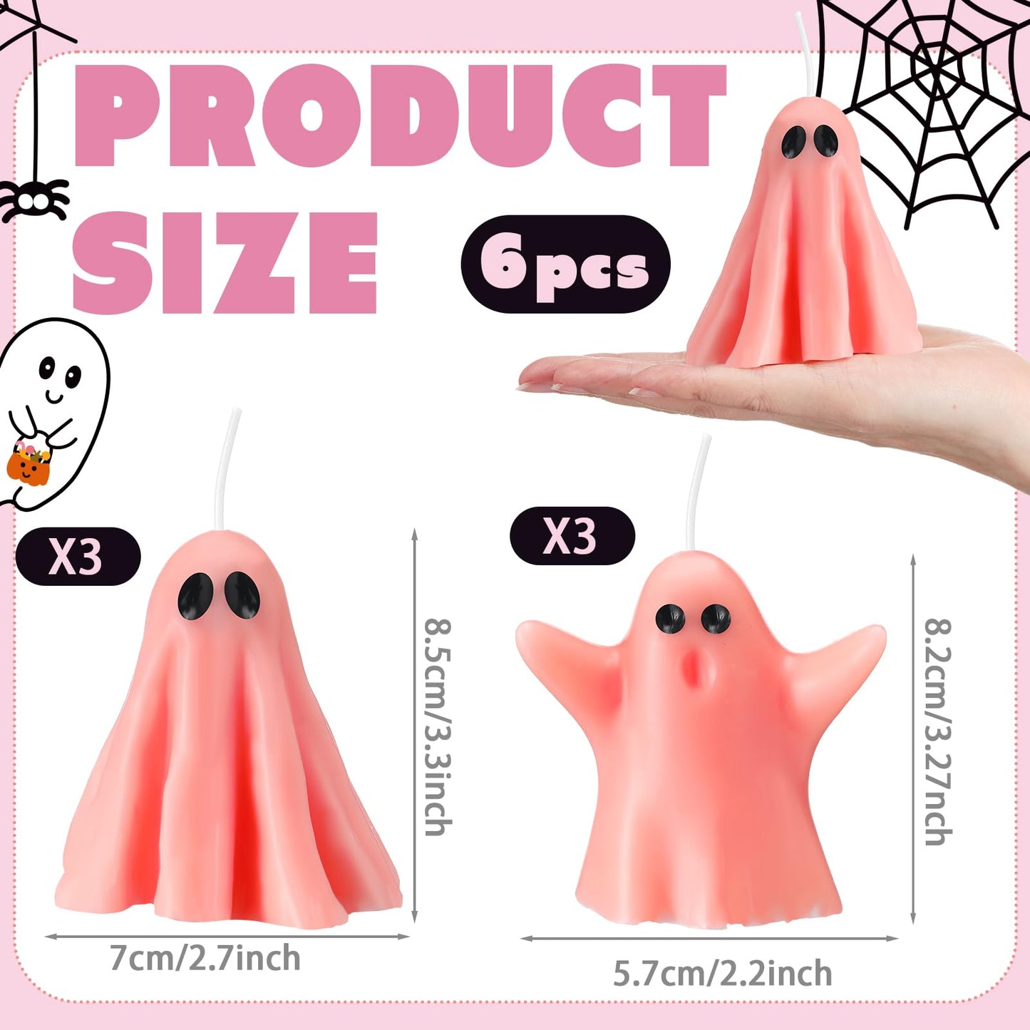 Conelist 6 Pieces Halloween Large Ghost Candles White Spooky Scented Halloween Candles Horror Gifts Candle Tea Lights Goth Room Decor for Summer Dining Table Party Bedroom(Pink Style,Pink)