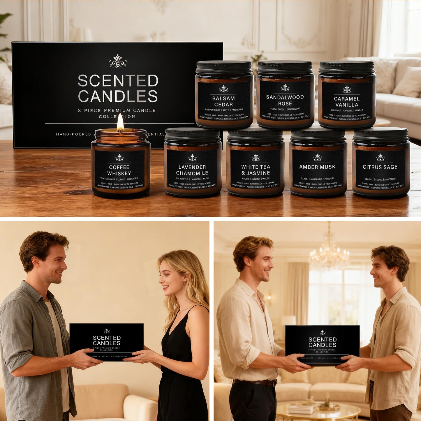 8 Pack Soy Wax Scented Candles Gift Set, Aromatherapy Candles with Lavender Chamomile, Citrus Sage, Caramel Vanilla, Coffee Whiskey, Long Lasting Stress Relief Candle, Unisex Home & Gift Set for Men