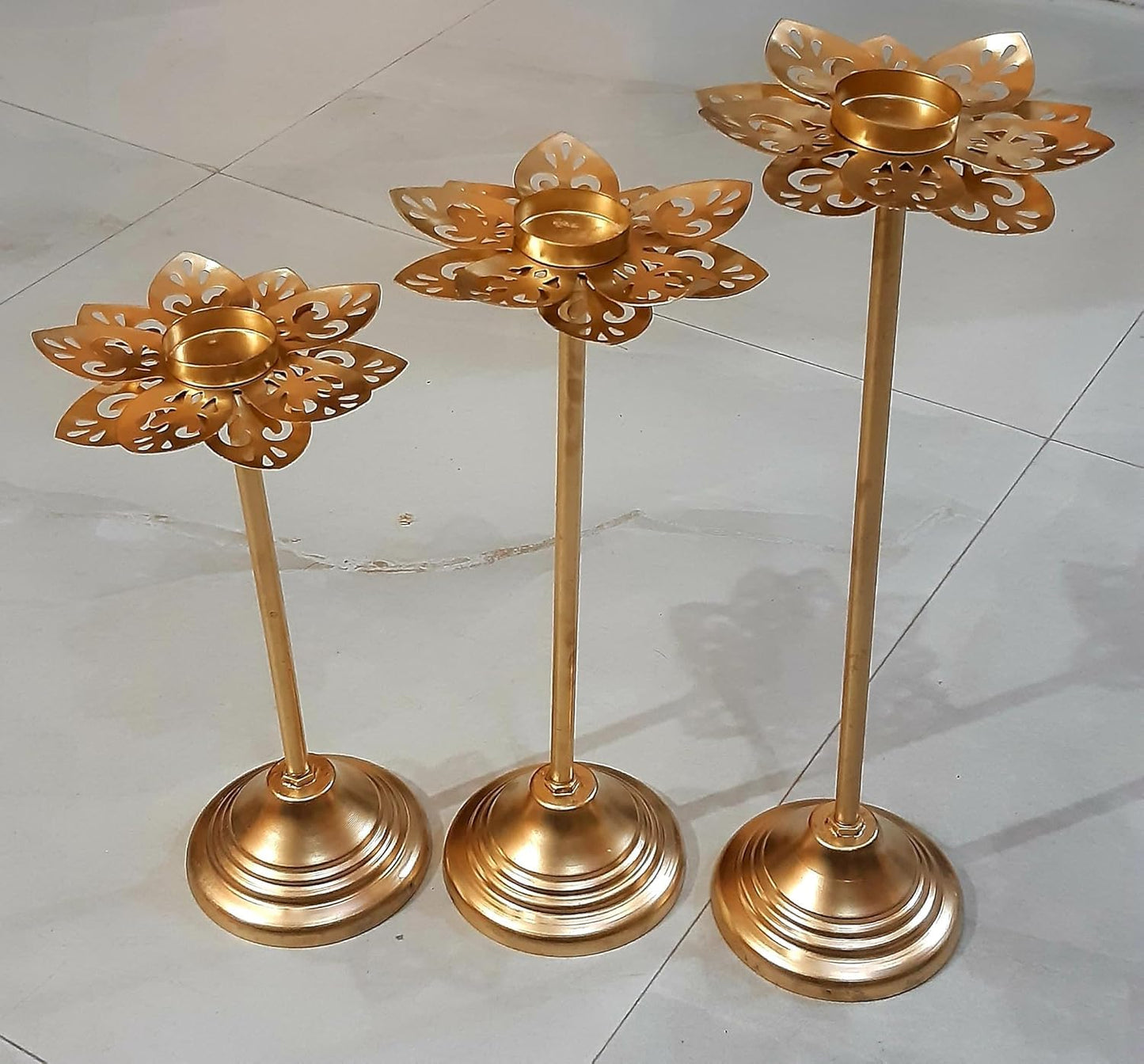 Decorative Lotus Tealight Candle Holder Set, 3 Pieces, Gold Metal, Floral Design