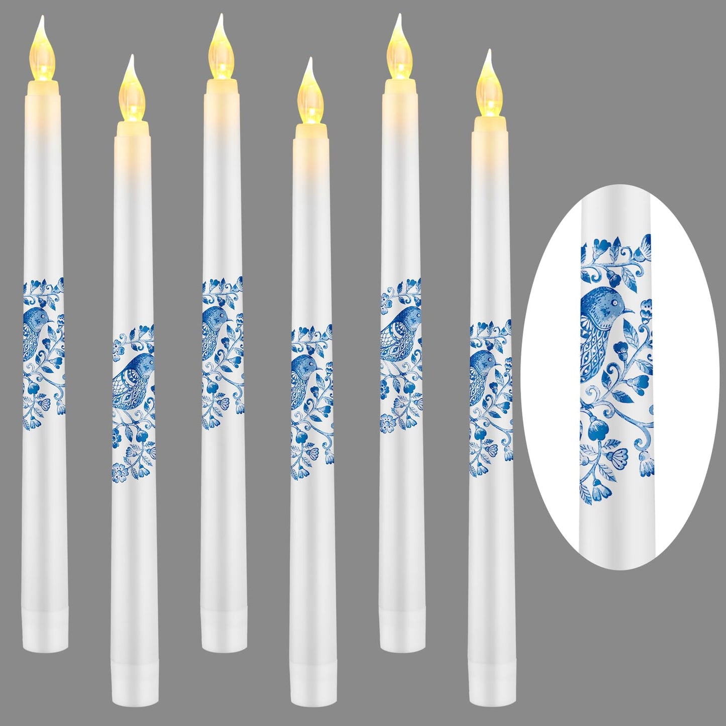 Conelist 6 Pcs Chinoiserie Flameless Candles 10 Inch Blue and White Candles Battery Operated LED Candlesticks Chinoiserie Decor for Wedding Table Centerpiece Home Party Decor Gifts