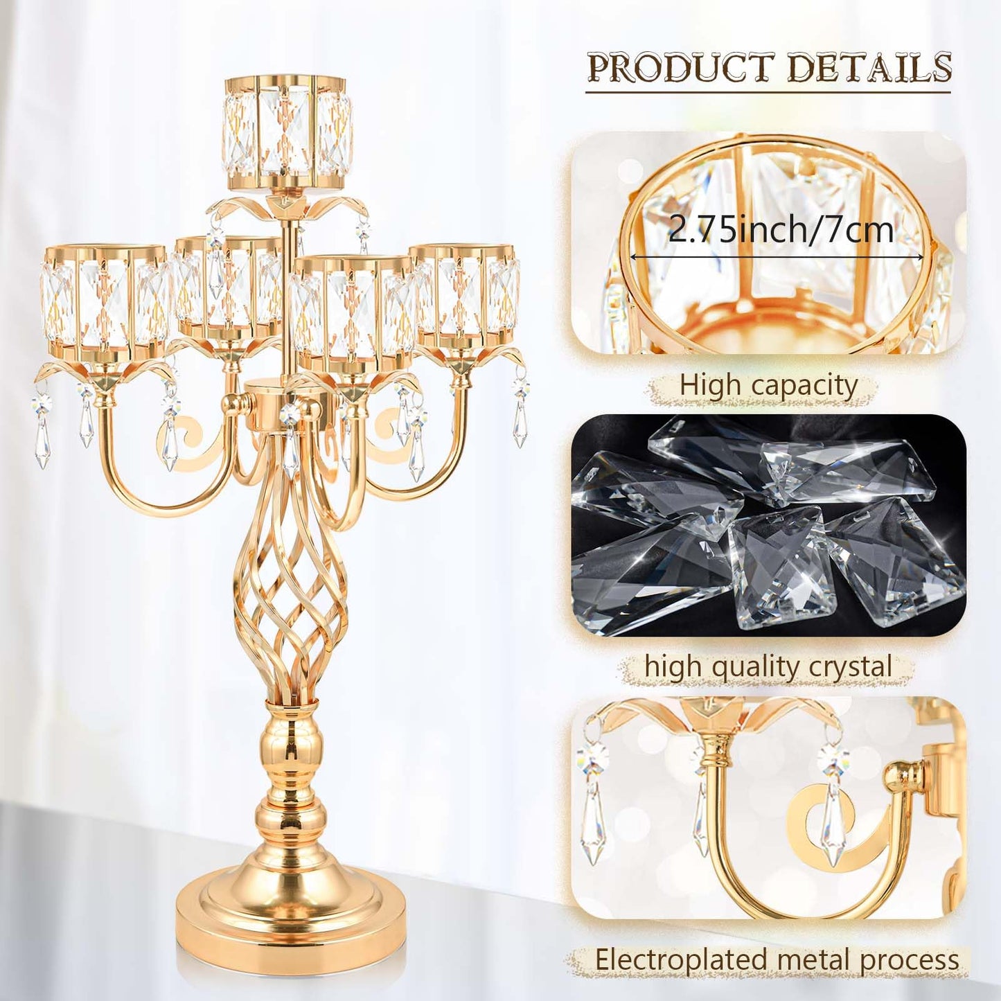 23.2 inch Tall Elegant and Chic 5 Arm Pendant Crystal Candlestick Holder Table Decoration tealight Candle Holder, Candelabra for Gorgeous Wedding/Parties Table Centerpiece (1, Gold)