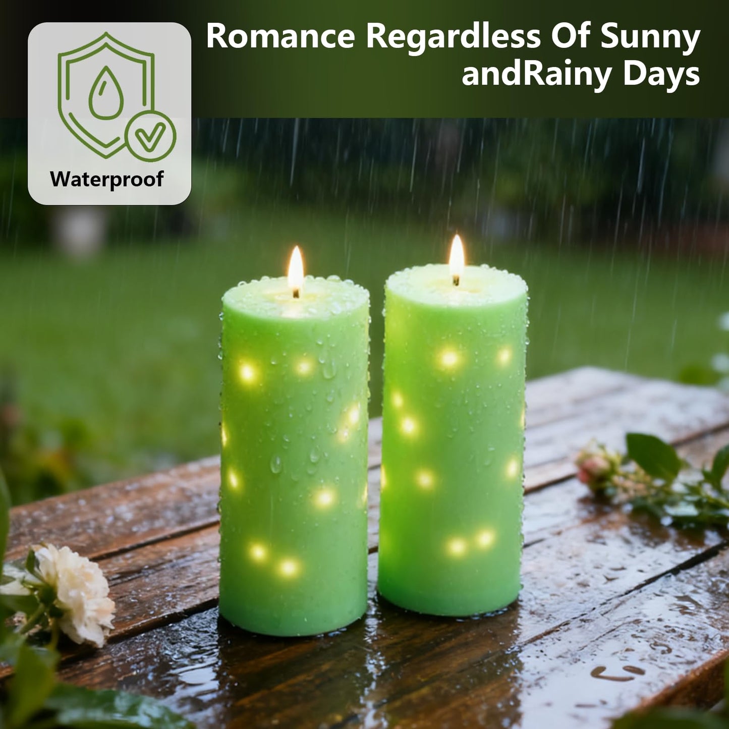 kakoya 10" x 4" Large Outdoor Waterproof Flickering Flameless Candles with Timer,2Pcs Battery Operated LED Pillar Candles with Embedded Star String for Outdoor Lanterns,Porch,Patio Decor(Green)