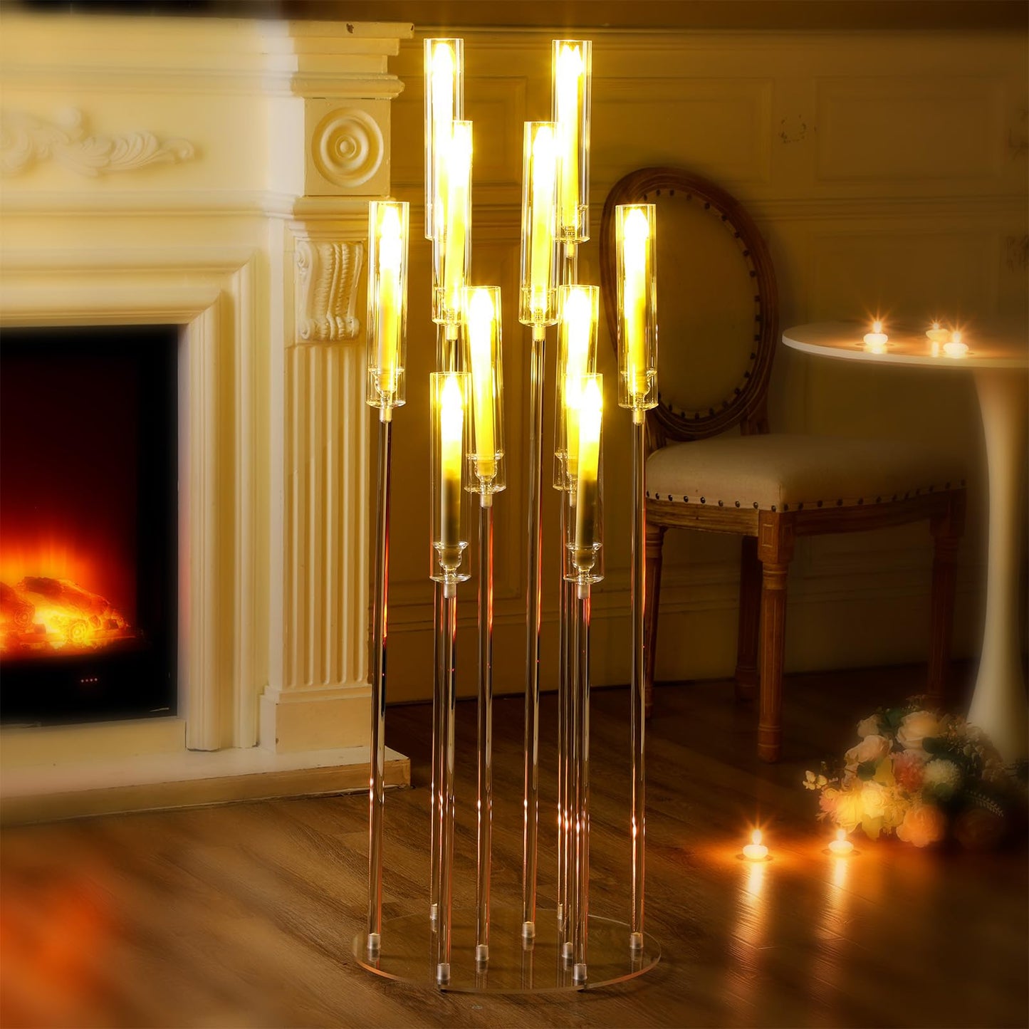 Tandefio 4 Pcs 10 Arm Wedding Acrylic Candelabra Table Centerpieces with 40 LED Candle 46.5'' Tall Floor Candlestick Clear Metal Candle Holder with Lampshade for Ceremony Easter Birthday Anniversaries