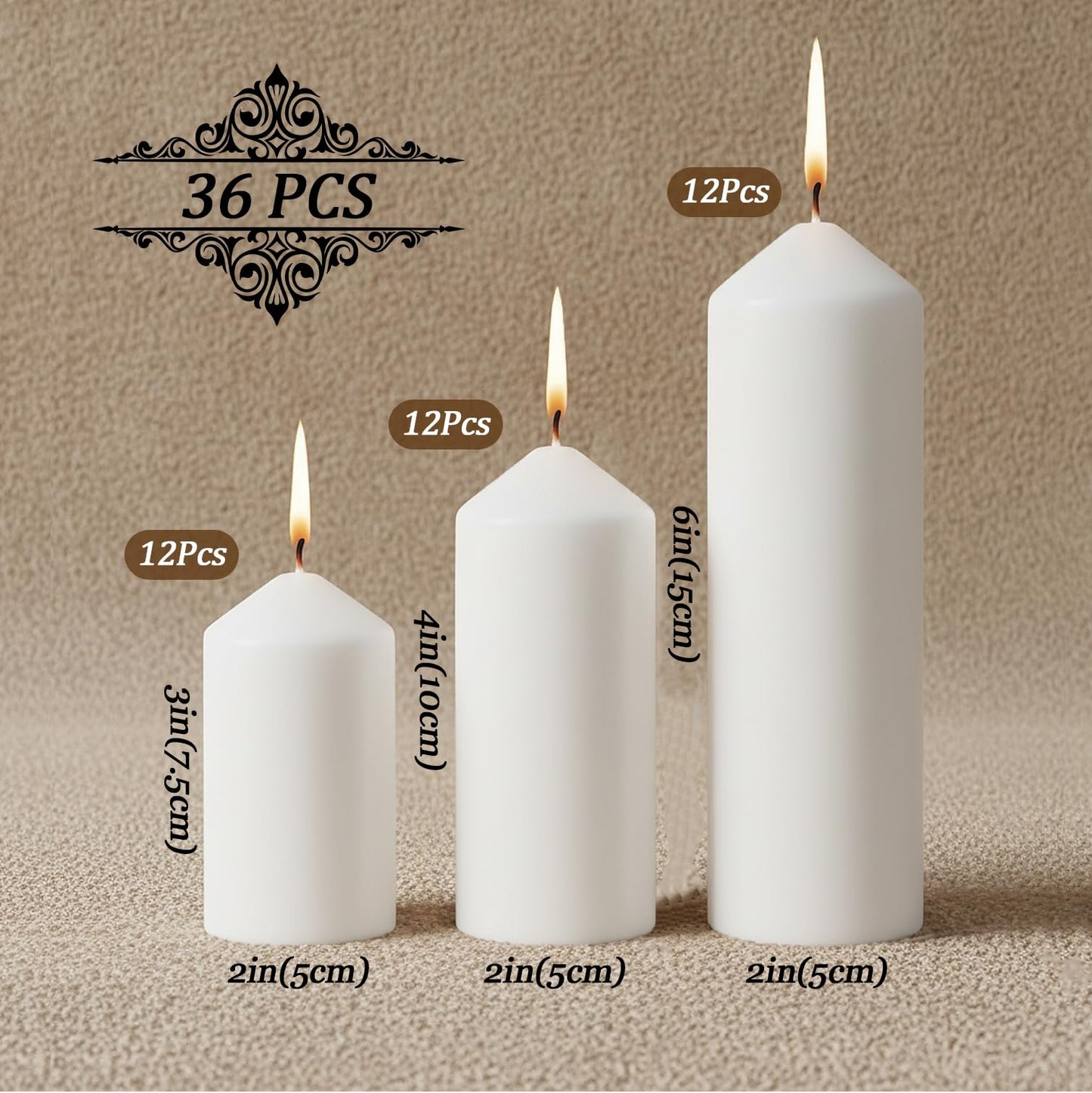 Veiuwa 36 Pack White Pillar Candles Bulk Set, 2x3 2x4 2x6 Inch - 12 Each Size, Dripless Smokeless Clean Burning for Wedding Centerpieces, Home Decor, Church, Romantic Ambiance！