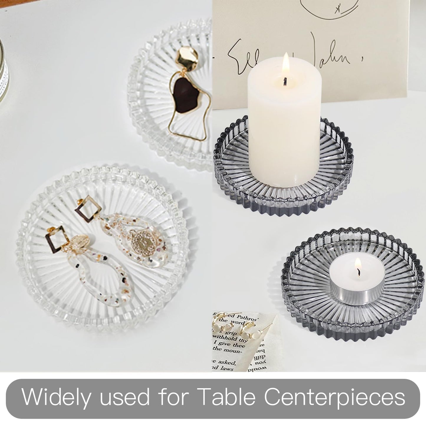 CHOCSTAY Glass Pillar Candle Holder, 4" Gray Candle Plates Set of 3, Glass Candle Holders for Wedding, Party, Holiday, Home Decor, Table Centerpiece