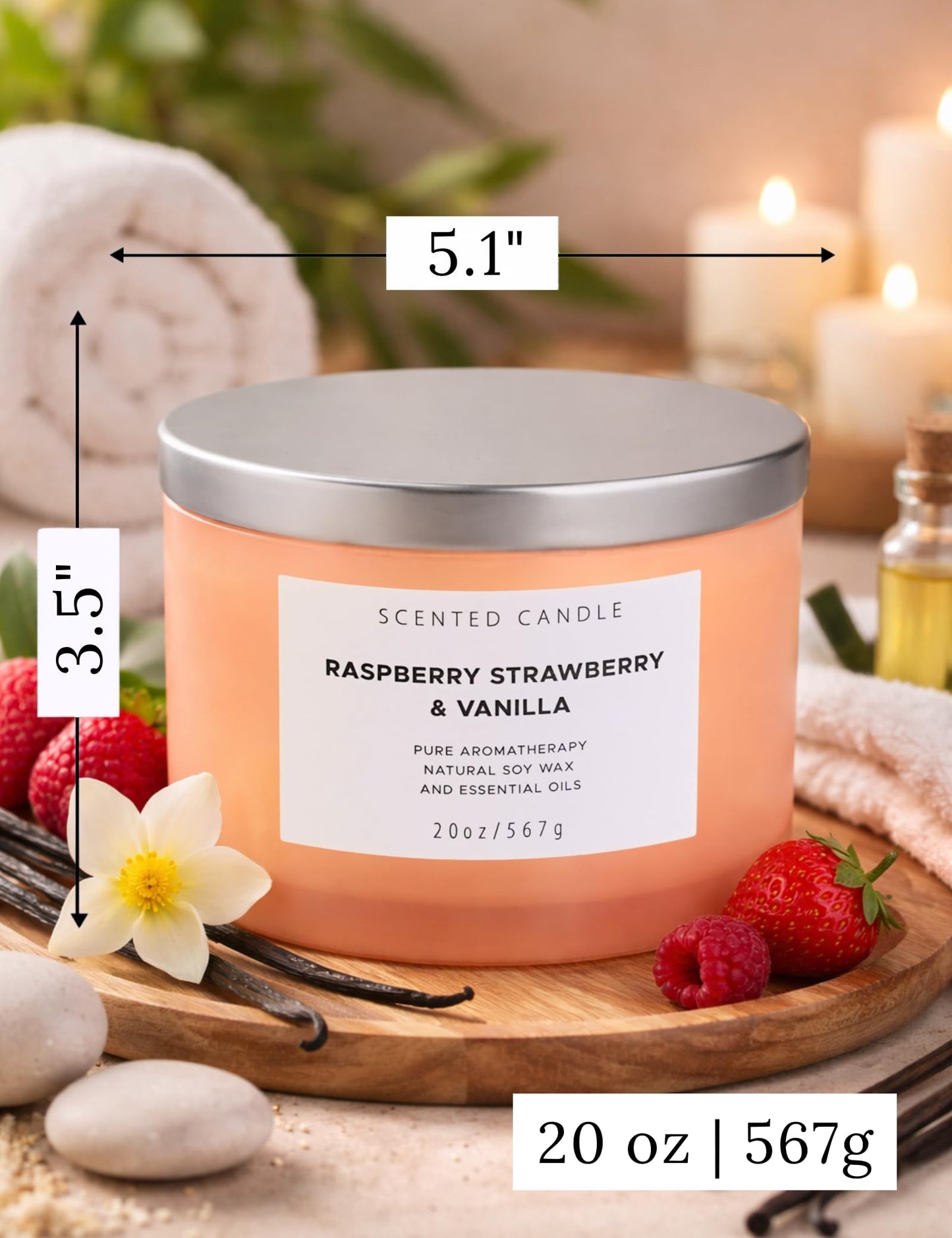 Raspberry Strawberry Vanilla Scented Candle | 4 Wick Extra Large Soy Candle 20 oz | Strong Scented Fruity Aromatherapy Candle for Women | Sweet Berry Vanilla Home Scent | Long Lasting Clean Burn