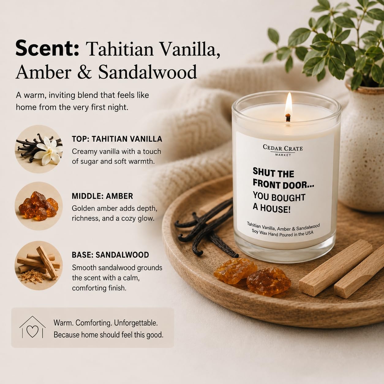 Cedar Crate Market House Warming Gift New Home 2026-13.5oz Soy Candle, Amber Vanilla Sandalwood Scent - Housewarming Gifts for Women, Men, Couple, Friends, Neighbors - USA Made, 60+ Hour Burn