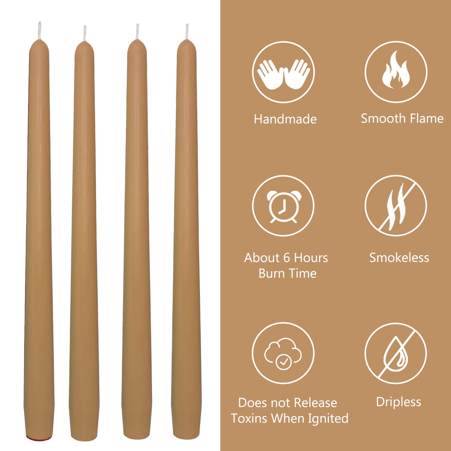 Warm Beige Taper Candles Set of 4, 10 Inch Handmade Candle Stick, Unscented Candlesticks, Tapered Candles for Wedding Dinner Table Home Decor Meditation Gift