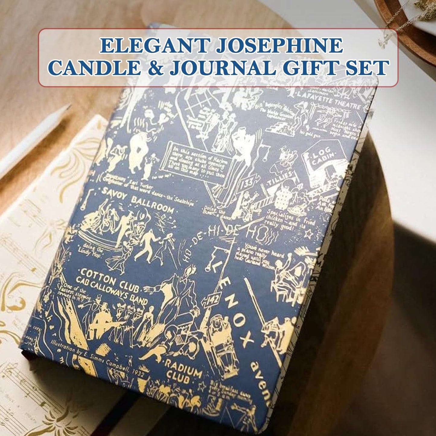 HARLEM CANDLE CO. Langston Candle & Night Club Map of Harlem Journal Bundle, Luxury Scented Soy Candle (11 oz, 80-Hour Burn), Vegan Leather Journal (300 Pages), Elegant Gift Set