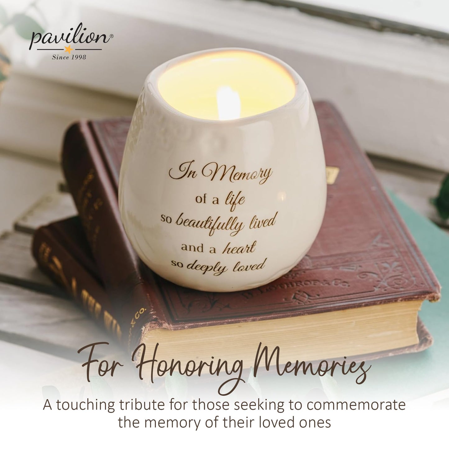 Pavilion 'In Memory, Beautifully Lived' 19178 - White Ceramic Candle with Soy Wax in a Delicate Floral Scent, Thoughtful Sympathy, Remembrance, and Condolence Gift - 8 Ounces