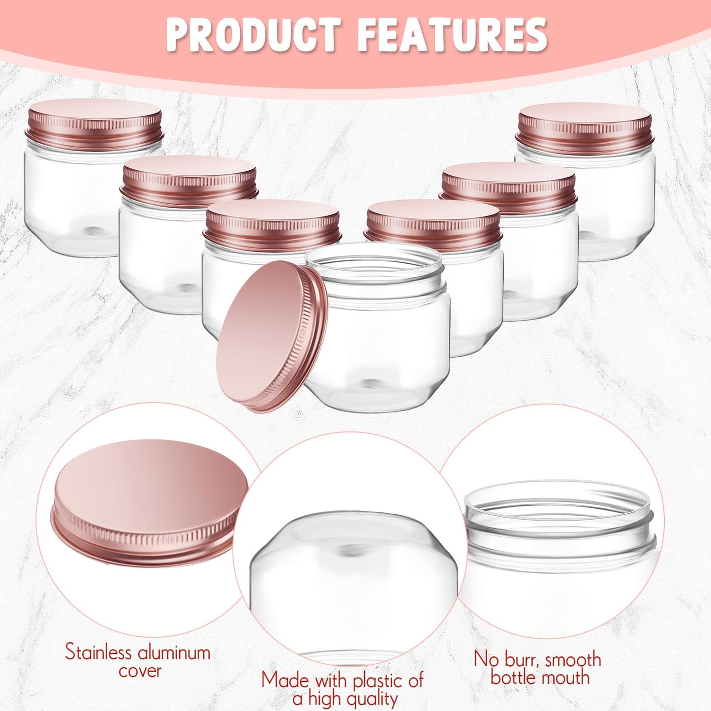 Tanlade 60 Pcs 3 oz Clear Plastic Jars with Lids Wide Mouth Mason Jars Mini Storage Containers Bulk for Herb Jelly Wedding Valentine Favors Shower Party Favors(Rose Gold)