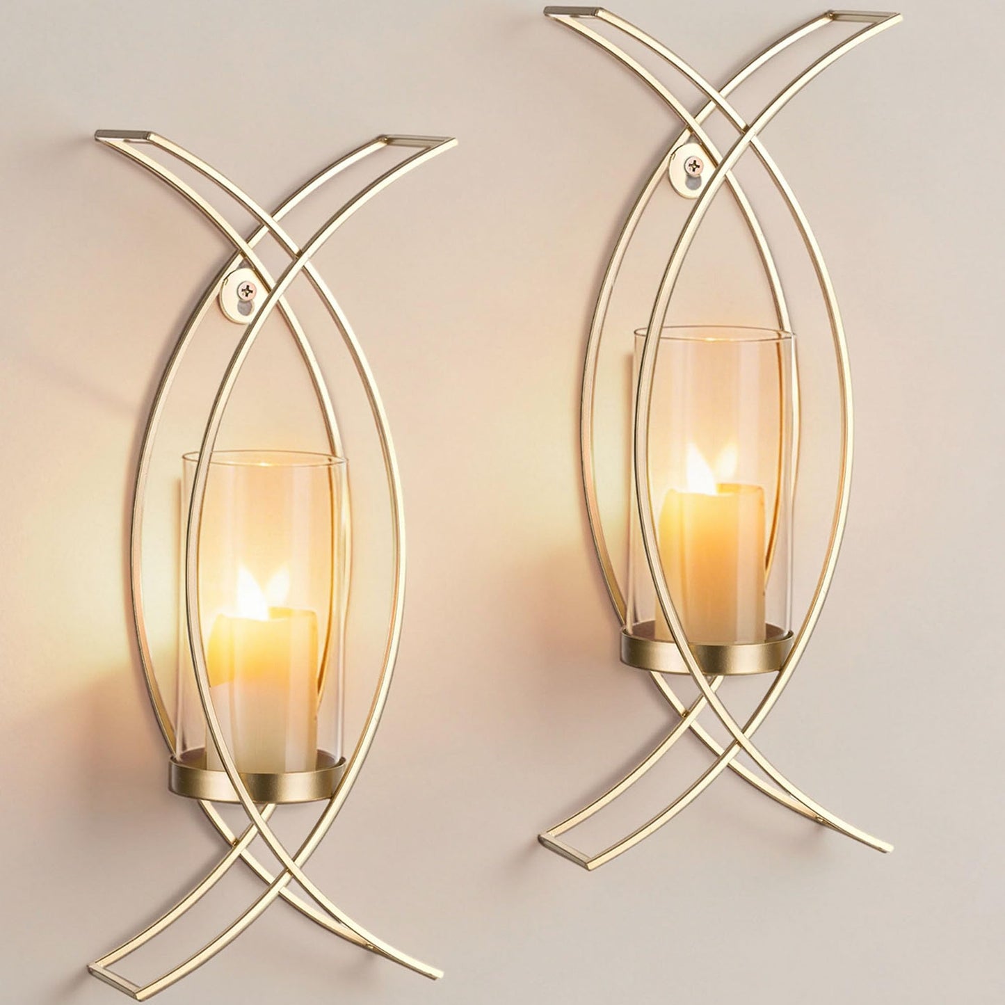 Walasis Candle Sconces Wall Decor Set of 2: Wall Hurricane Candle Holder Modern Metal Wall Mounted Gold Sconces Decorations for Living Room Bedroom Bathroom Hallway Outdoor