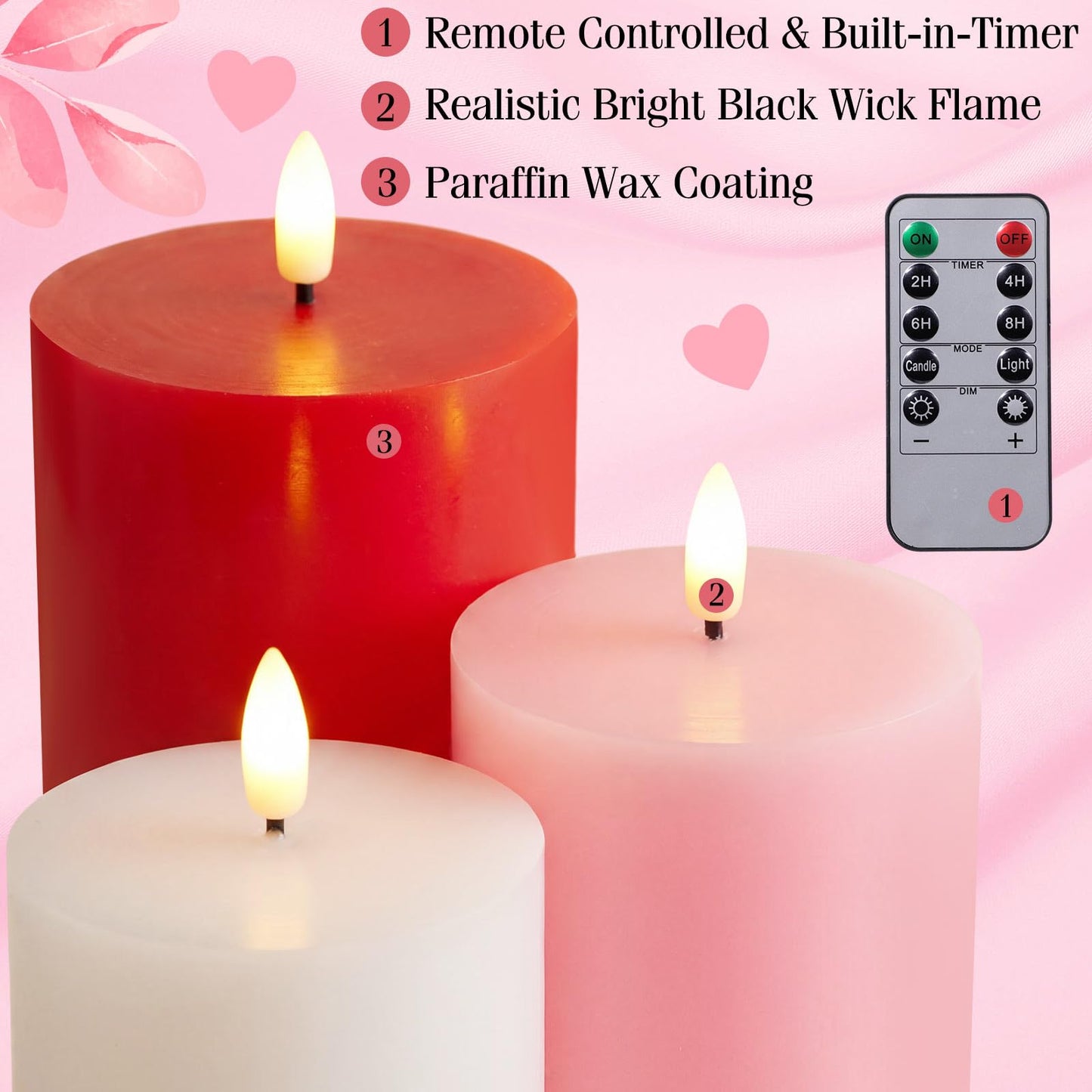 Grinsvalley 3 Pcs Mother's Day Flameless Candles Battery Operated Wax LED Flickering Flameless Pillar Candles with Remote for Home Table Dating Wedding Party Decor