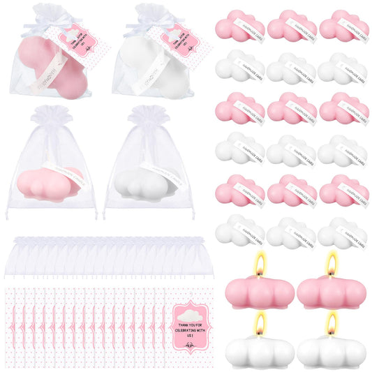 Treela 24 Sets Cloud Baby Shower Party Favors for Guests Small Tealight Candles Thank You Tags Return Gifts for Baby Shower Cloud 9 Theme Party Favor Decorations(Classic,Pink and White)