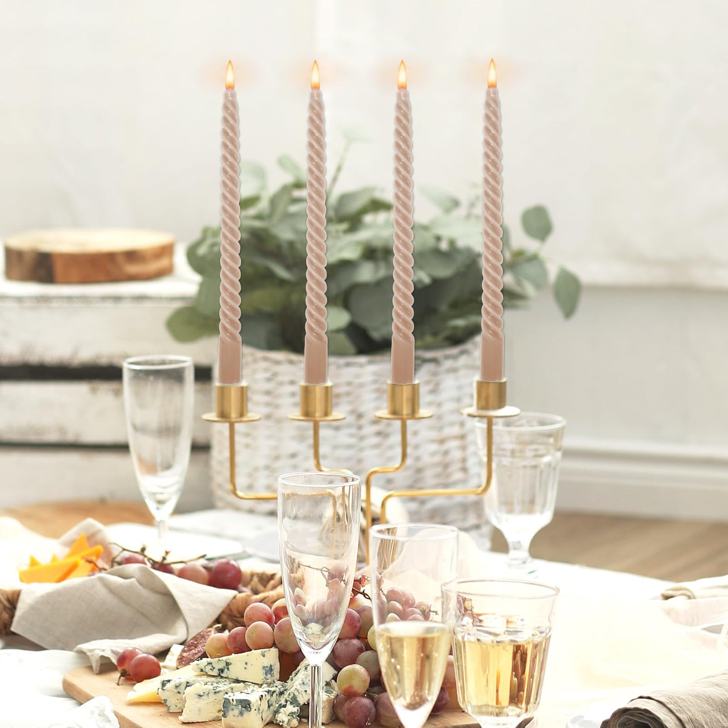 Whaline 8 Pcs 10 Inch Sahara Beige Spiral Taper Candles Dripless Twisted Wax Candles Long Unscented Candlesticks for Wedding Holiday Celebration Home Party Dining Table Supplies
