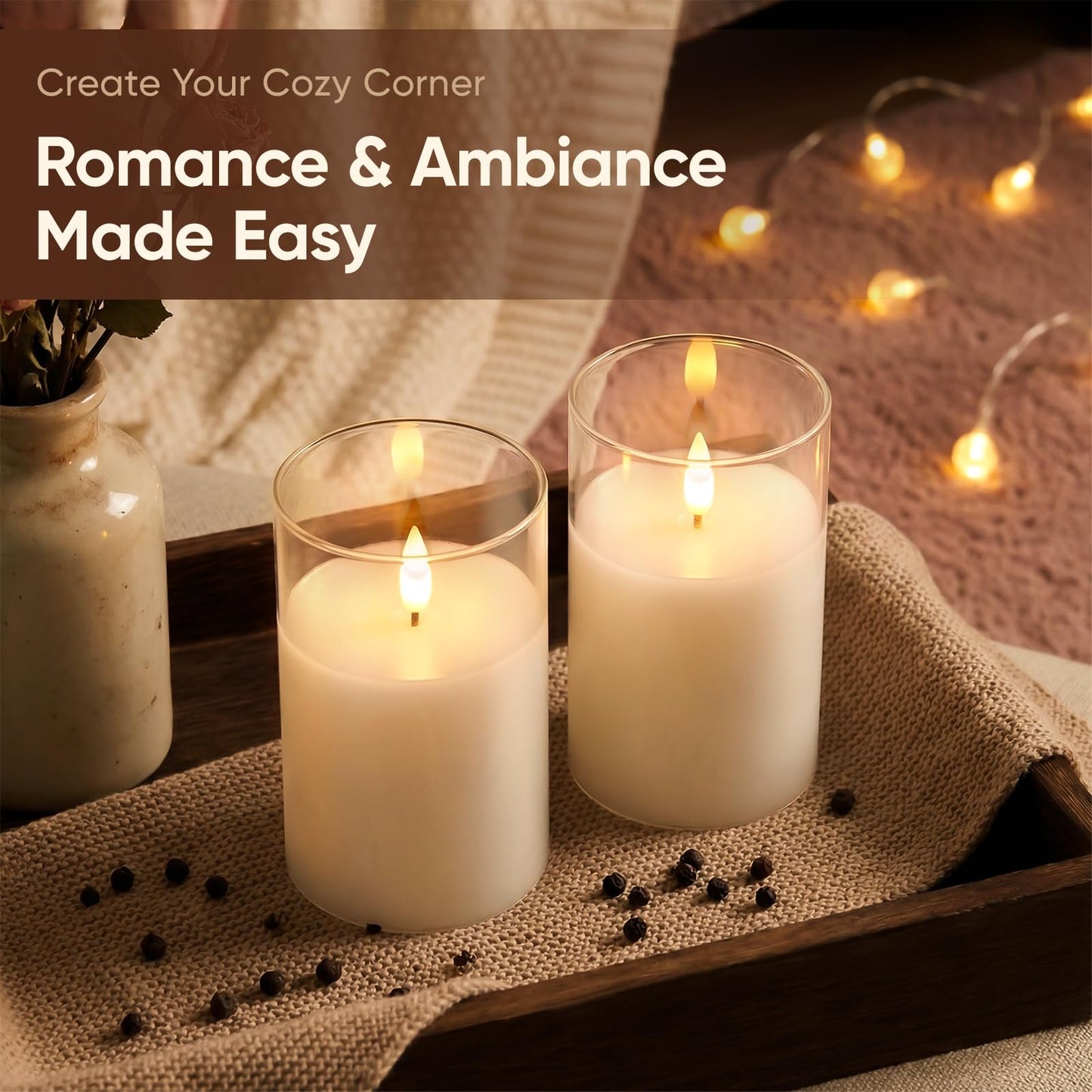 Amagic 3"x5" Clear Glass Flameless Candles Battery Operated with Timer, Remote Control, LED Pillar Candles, Battery Powered, Valentine's Day Decor, Pure White Wax, Set of 2