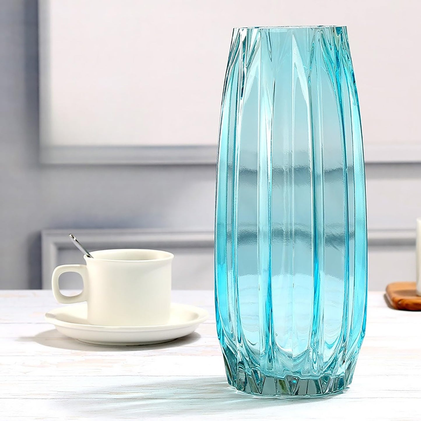 Lucky Bird Modern Ribbed Blue Glass Vase for Flowers, Candles, and Decorative Accents - Tall/Short for Centerpieces and Table Decor (12.0inch)