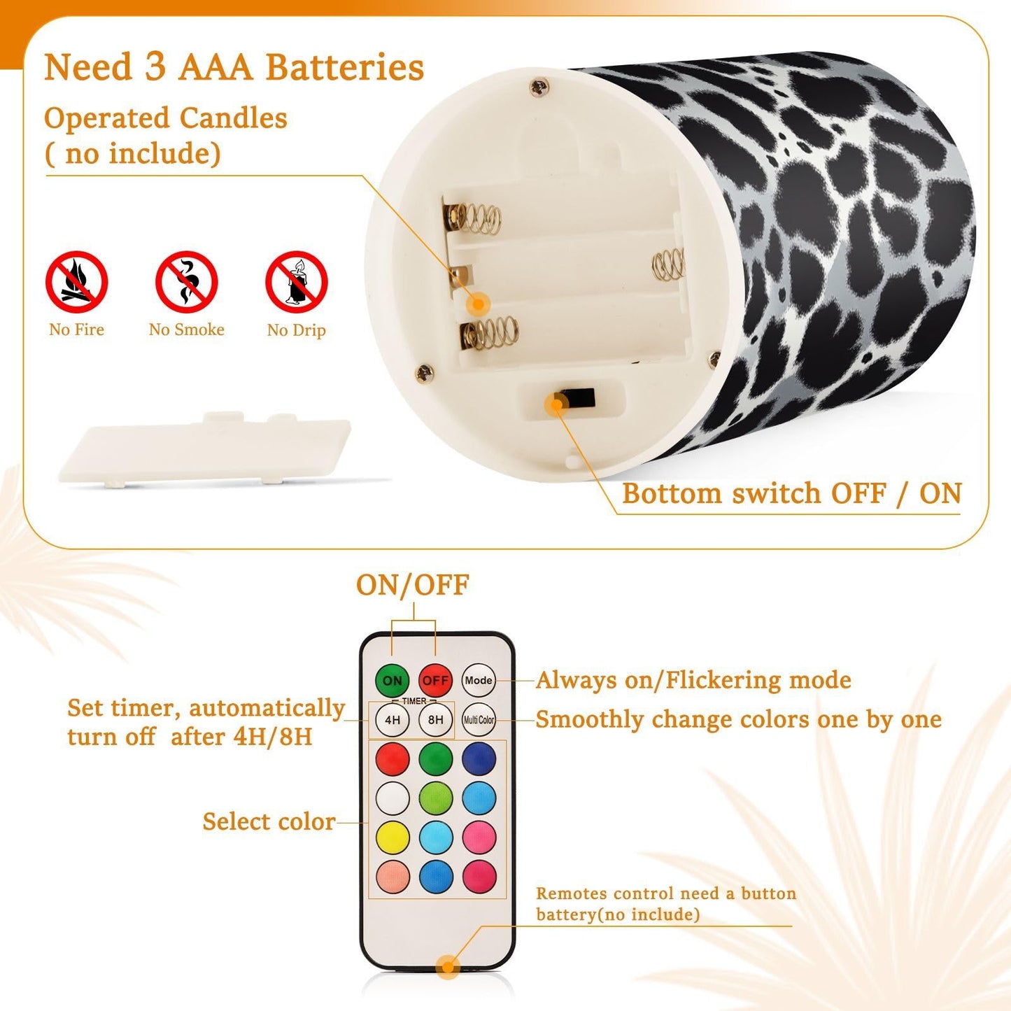 Pigsaly Flameless Candles Battery Operated Leopard Skin Flickering Led Pillar Candles with Remote Control White Black Animal Print Colour Changing Warm Light Candles for Wedding Halloween Christmas