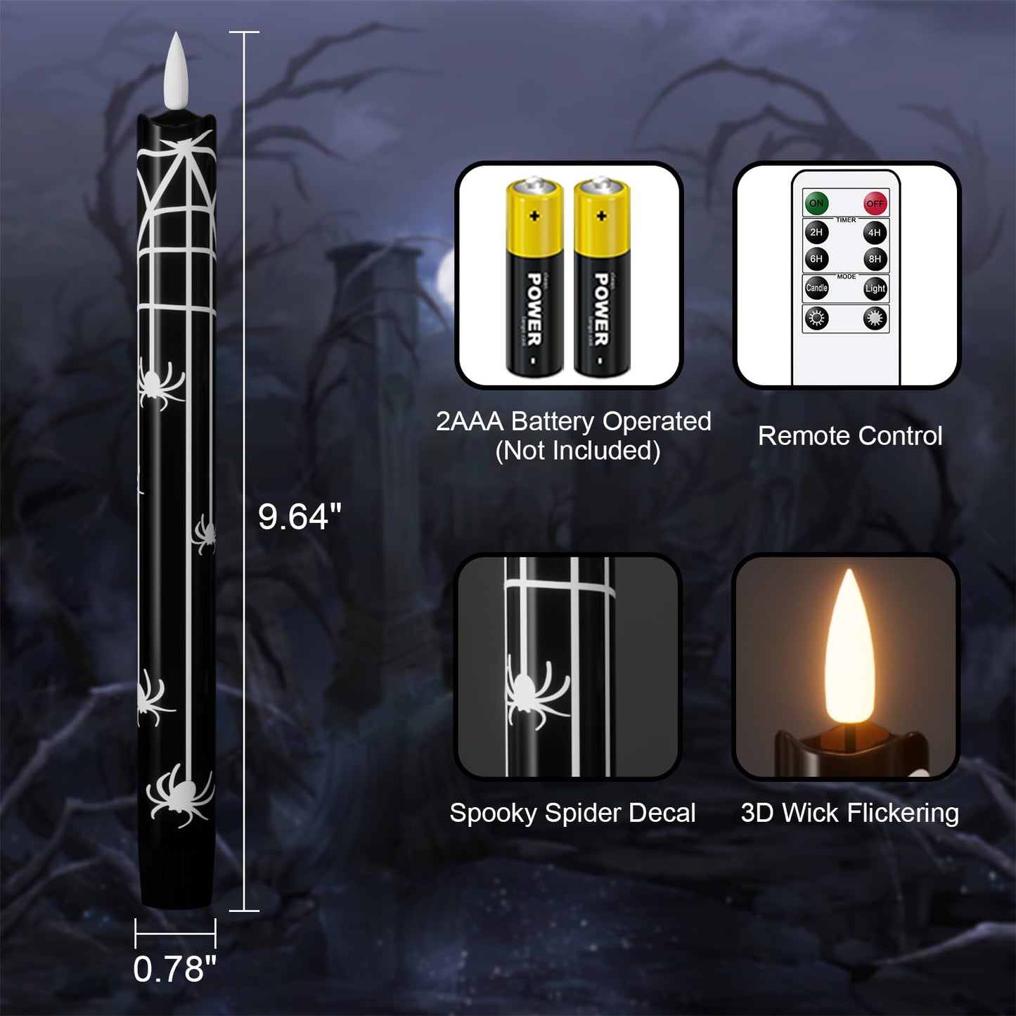 Eldnacele Halloween Flameless Flickering Taper Candles with Remote and Timer, Battery Operated Spider Web Decal Real Wax Black LED Window Candles Set of 4 Table Centerpiece Horror Halloween Decor