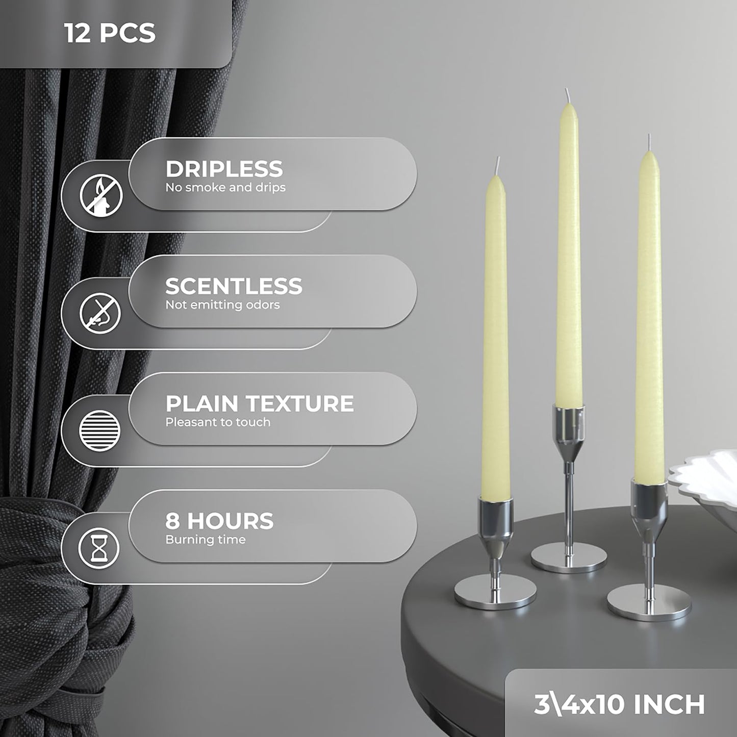 CANDWAX 10 inch Tapered Candles - Set of 12 Pearl Unscented Dripless Candlesticks - Perfect for Dinner - Ivory Candle