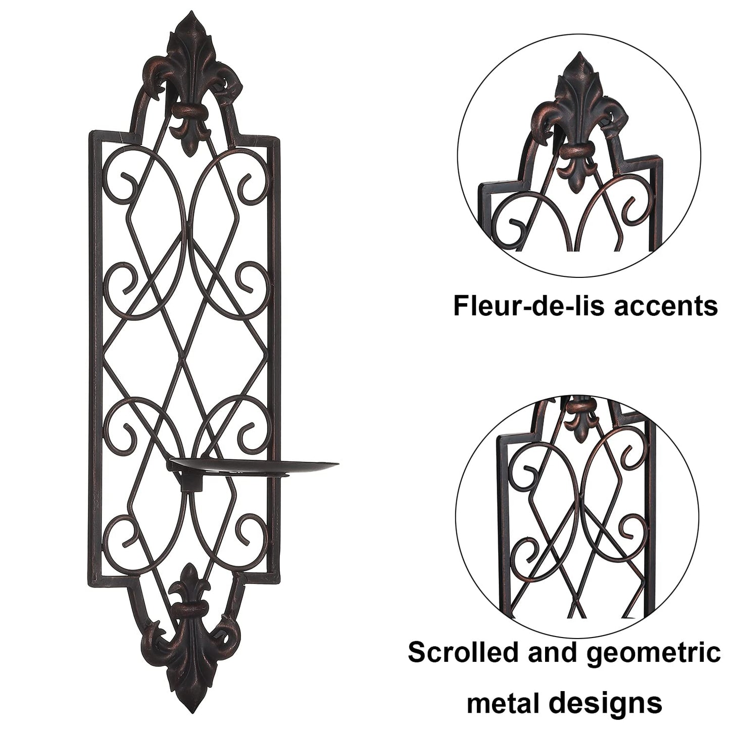 GUSUWOD Set of 2 Metal Wall Sconce Candle Holders, Fleur De Lis Detailed
