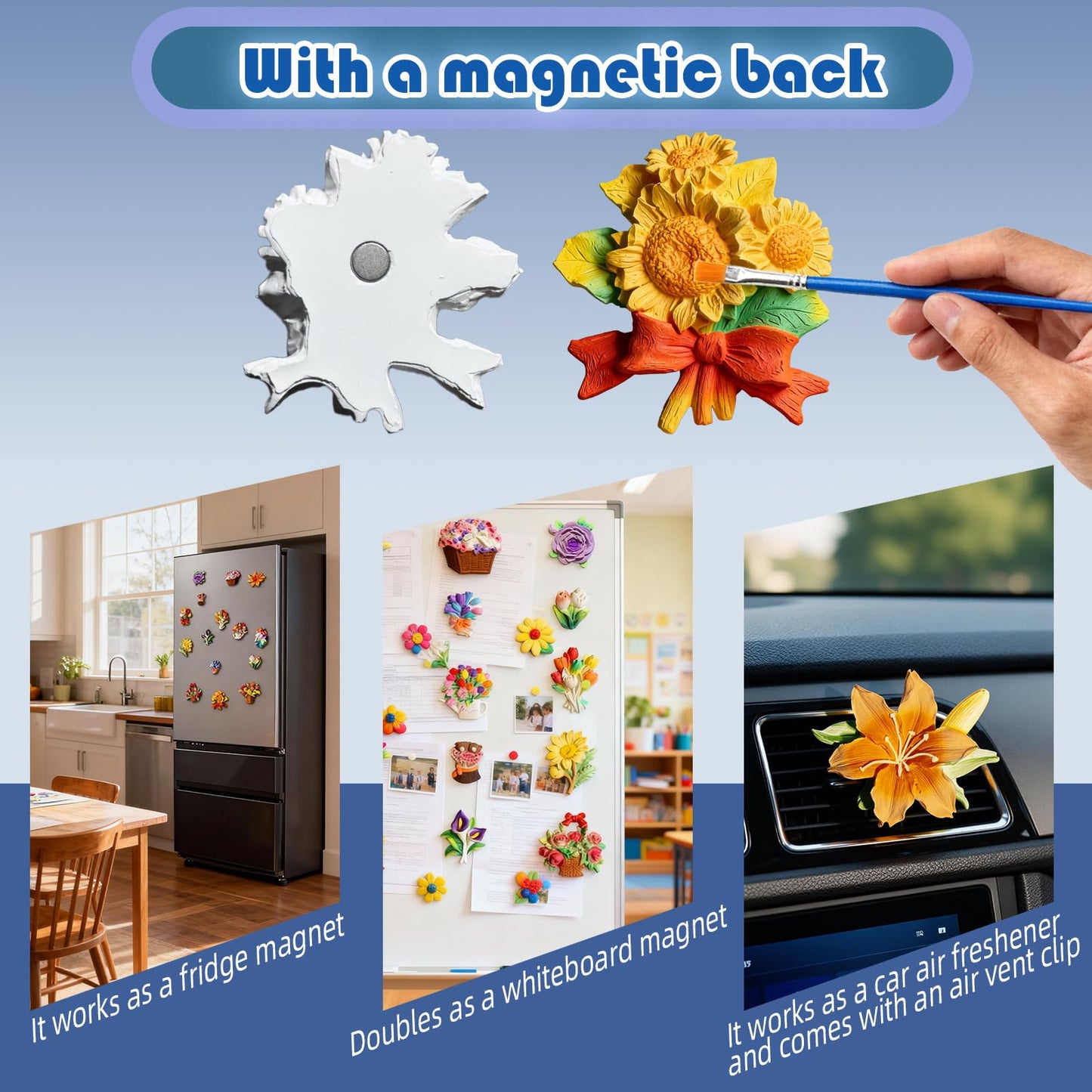 15 Pcs Plaster Painting Kit for Adults & Teens, DIY Flower Magnets to Paint with Embedded Magnets, Ceramic-Like Craft Kit with Acrylic Paints & Brushes, Fridge Magnet Decor & Car Diffuser Stone