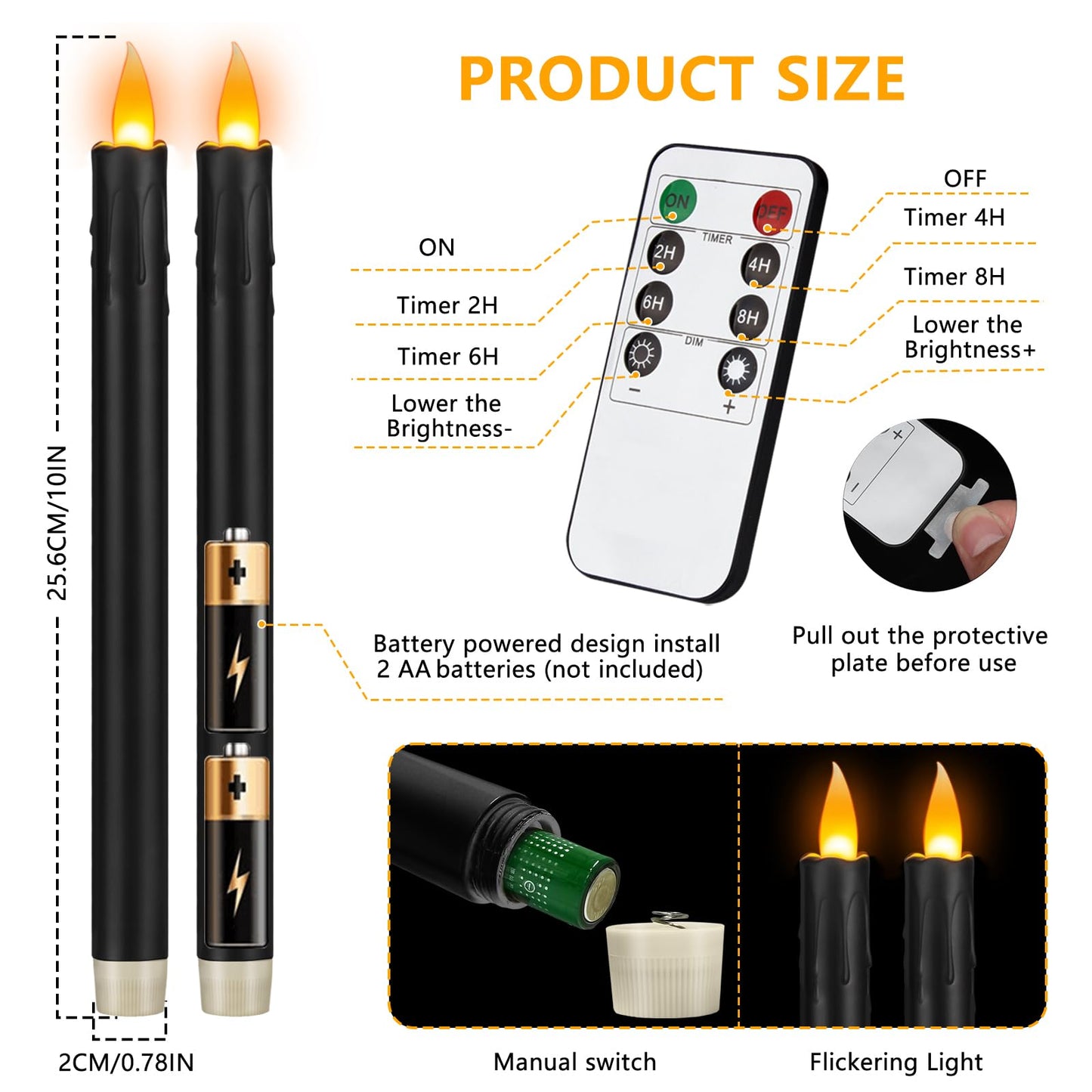 wemarry 24 Pcs Black Flameless Taper Candles with Remote, 10" Black Battery Operated Led Candlesticks with Flickering 3D Flame, Fake Taper Candles for Halloween Anniversaries Dinner Home Décor