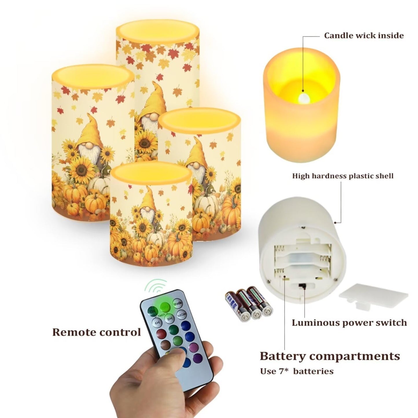 NETILGEN Thanksgiving Day Decor Flameless LED Candles with Remote Timer Control Long Lasting Pillar Candles Set of 4 Fall Maple Leaf Gnome Print