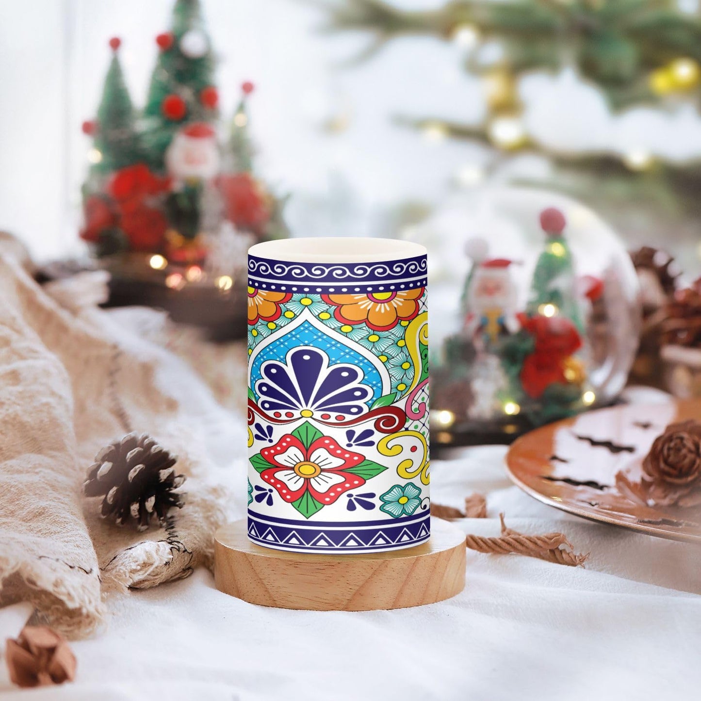 Eionryn Mexican Talavera Floral Tile Flameless Candles Moroccan Boho Flowers Battery Operated LED Candles with Remote Timer Electric Candles for Home Party Decor 2pcs