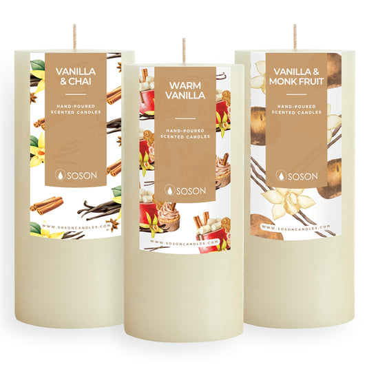 Simply Soson Cinnamon Vanilla Sugar Scented Candle Set - 3x6 Ivory Pillar Candles for Home, Aromatherapy, Women, Fall