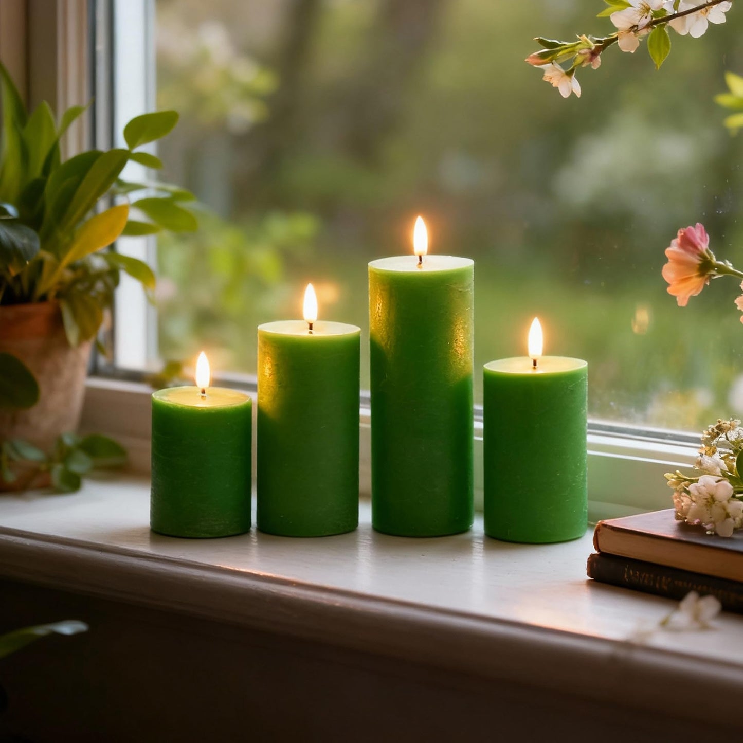 LUSHARBOR Green Flameless Candles, 4 Pack Battery Operated Candles for St. Patrick’s Day, Real Wax LED Fake Candles for Spring Decor Party Centerpiece Green