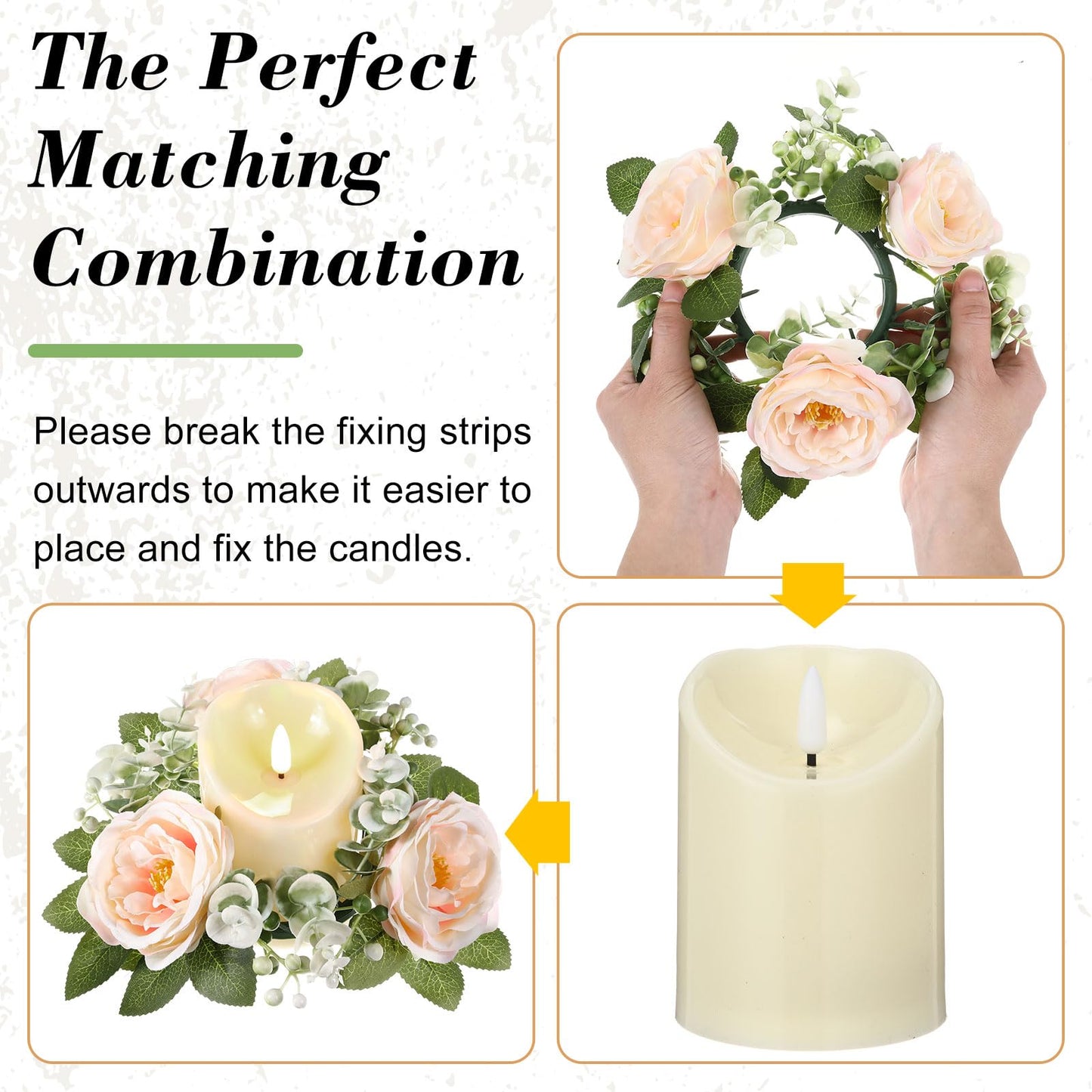 Yunlly 16 Set Rose Candle Rings Wreaths 3 Inch Center with Flameless LED Candles Artificial Rose Light Garland Fake Electric Votive Tealights Bulk Funeral Wedding Table Centerpieces Decor(Champagne)