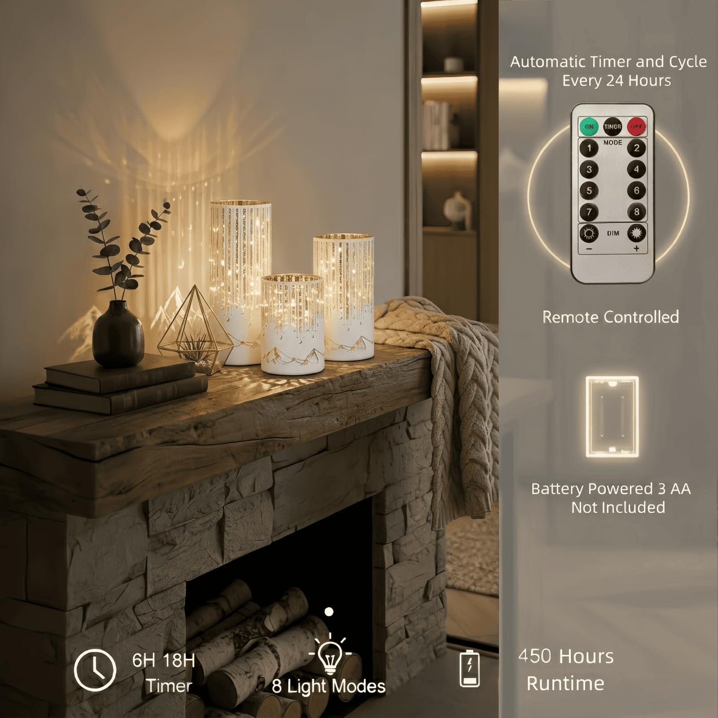 Ashroder Starry Night Hurricane Candleholders with Warm LED Lights & Remote Timer, Elegant Twinkling Decorative Centerpieces for Wedding, Dining Table, Living Room, Mantel Décor, Set of 3 (White)