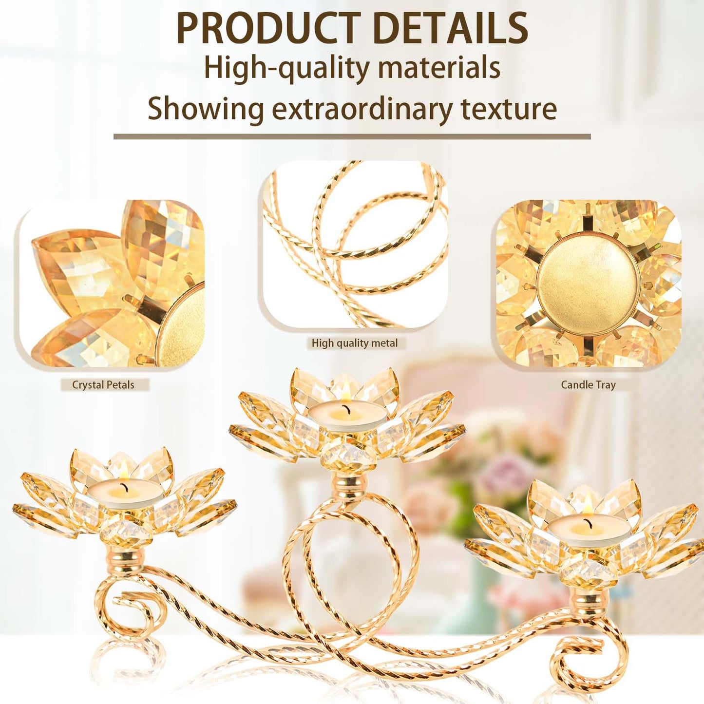 2Pcs Gold Kehail Crystal Metal Tea Light Candle Holder Set, 3-Arm Flower Shaped Crystal Votive Candlestick Holders for Table Centerpiece, Wedding Shower, Party and Home Decor