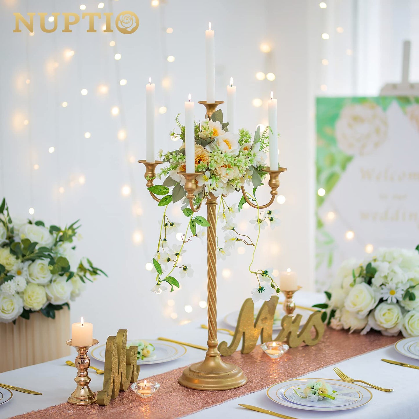 Nuptio Tall Candelabra Candle Holder 2 Pcs 28in Floor Candlestick Holders Taper Candle Holders Gold 5 Arm Candelabras Candle Stand Floral Centerpiece for Fireplace Wedding Birthday Reception Event