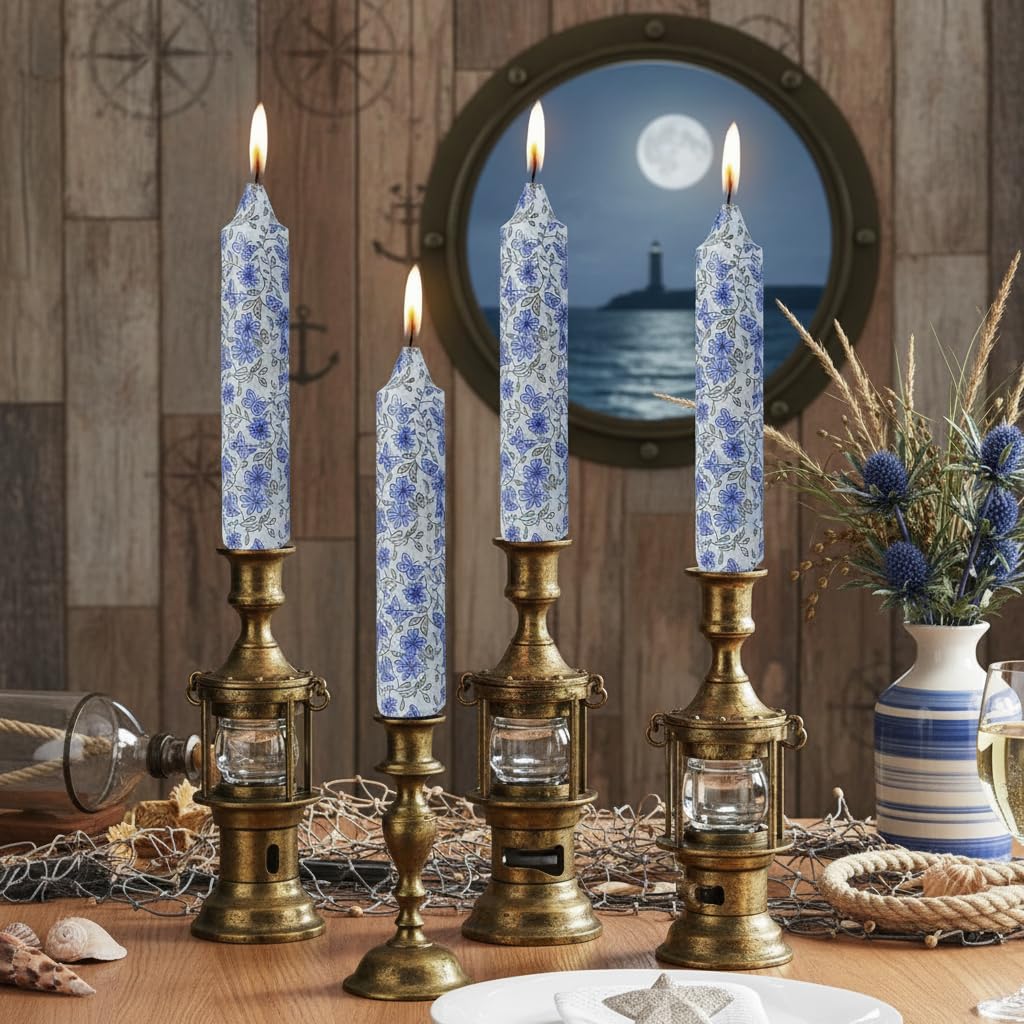 Short Blue and White Taper Candles 7 Inch Handmade Floral Candle Sticks Smokeless Unscented Clean Burning Candles for Meditation Sailing Housewarming Gift Wedding Birthday Home Dinner